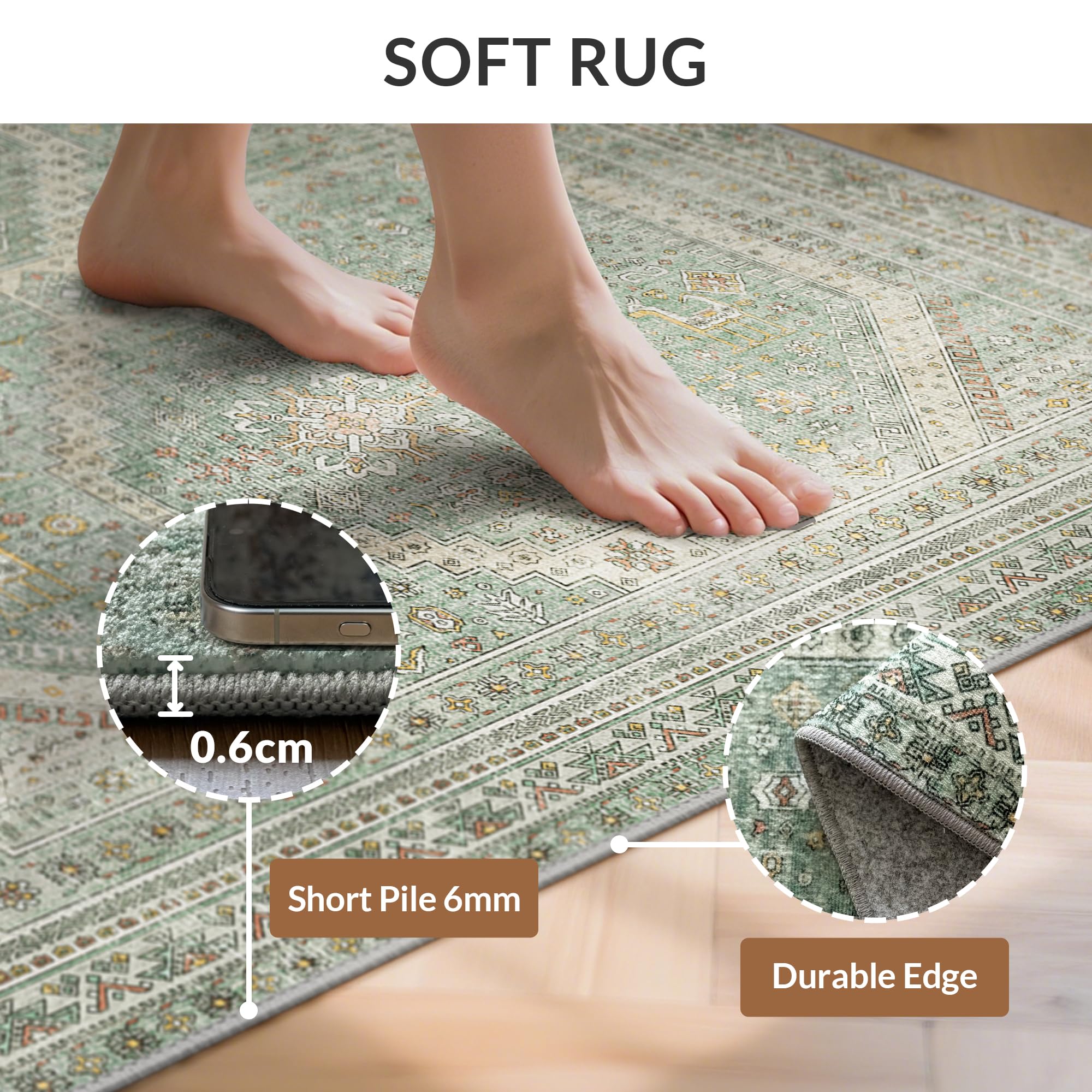 GENIMO Tapis Salon Vintage Moquette pour Chambre Lavable en Machine, Tapis Intérieur pour Chambre, Cuisine, Entrée, Couloir, Vert, 240x300CM