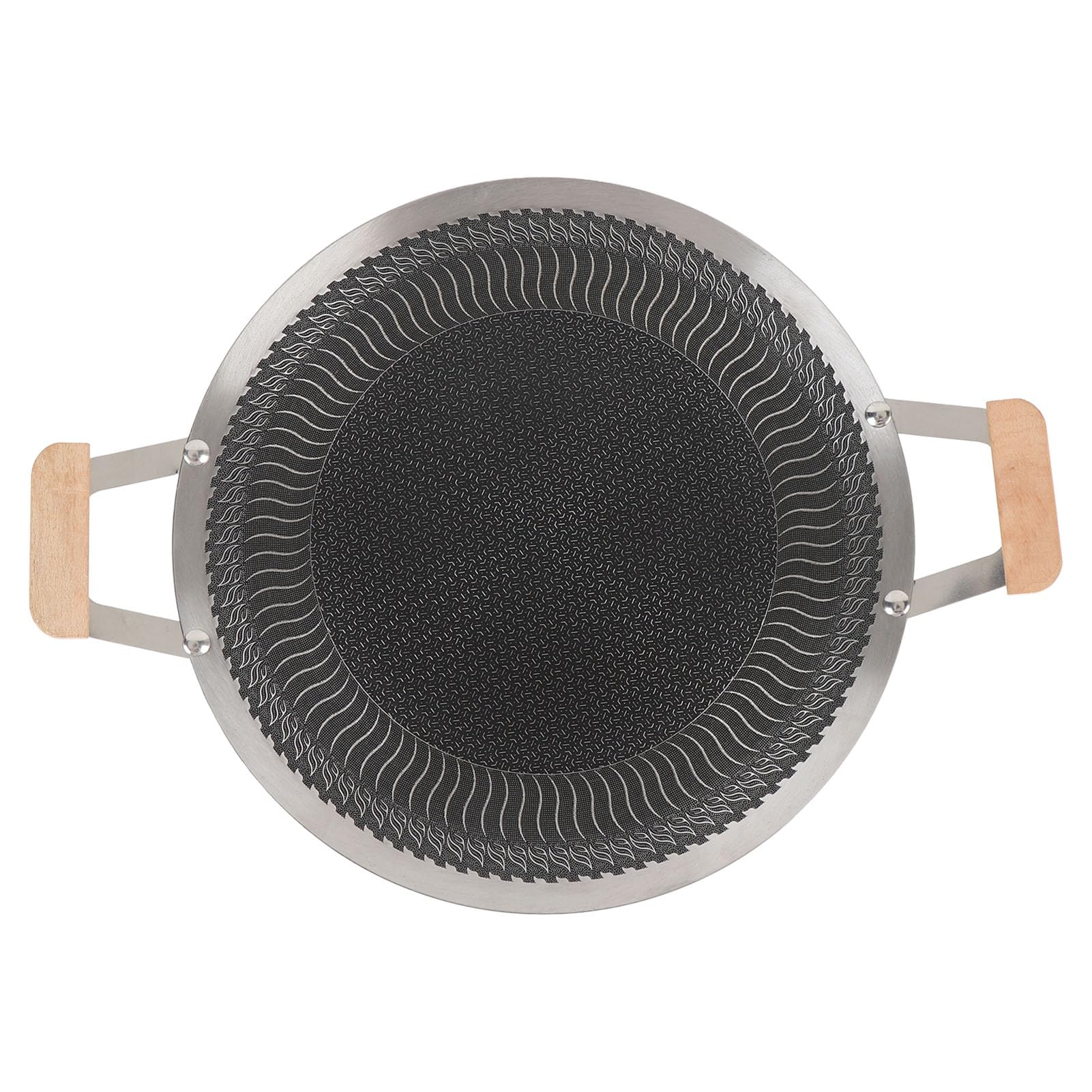 Pongnas Padella per Barbecue Rotonda in Acciaio Inossidabile Antiaderente Padella per Barbecue Coreana con Manico in Legno per re All'aperto per 4-6 Persone (38 cm)