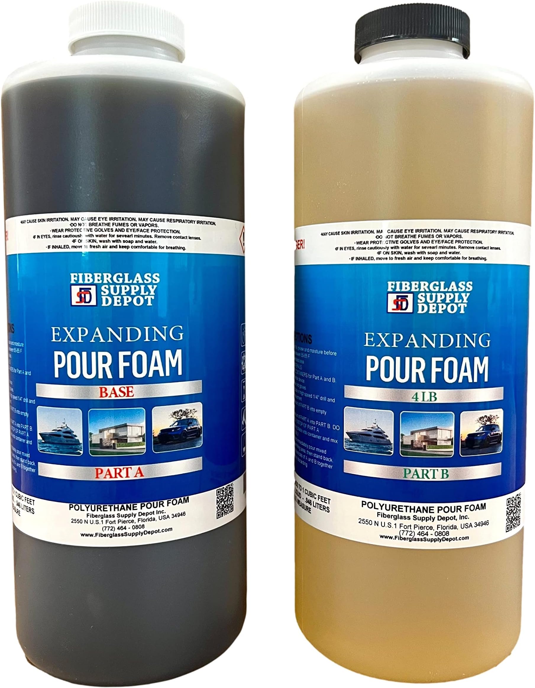 Fiberglass Supply Depot 4 Lb. Density Expanding Pour Foam, 2 Part Polyurethane Closed Cell Liquid Foam for Boat and Dock Flotation, Soundproofing, Filling Voids, and Insulation (2 Quart Kit)
