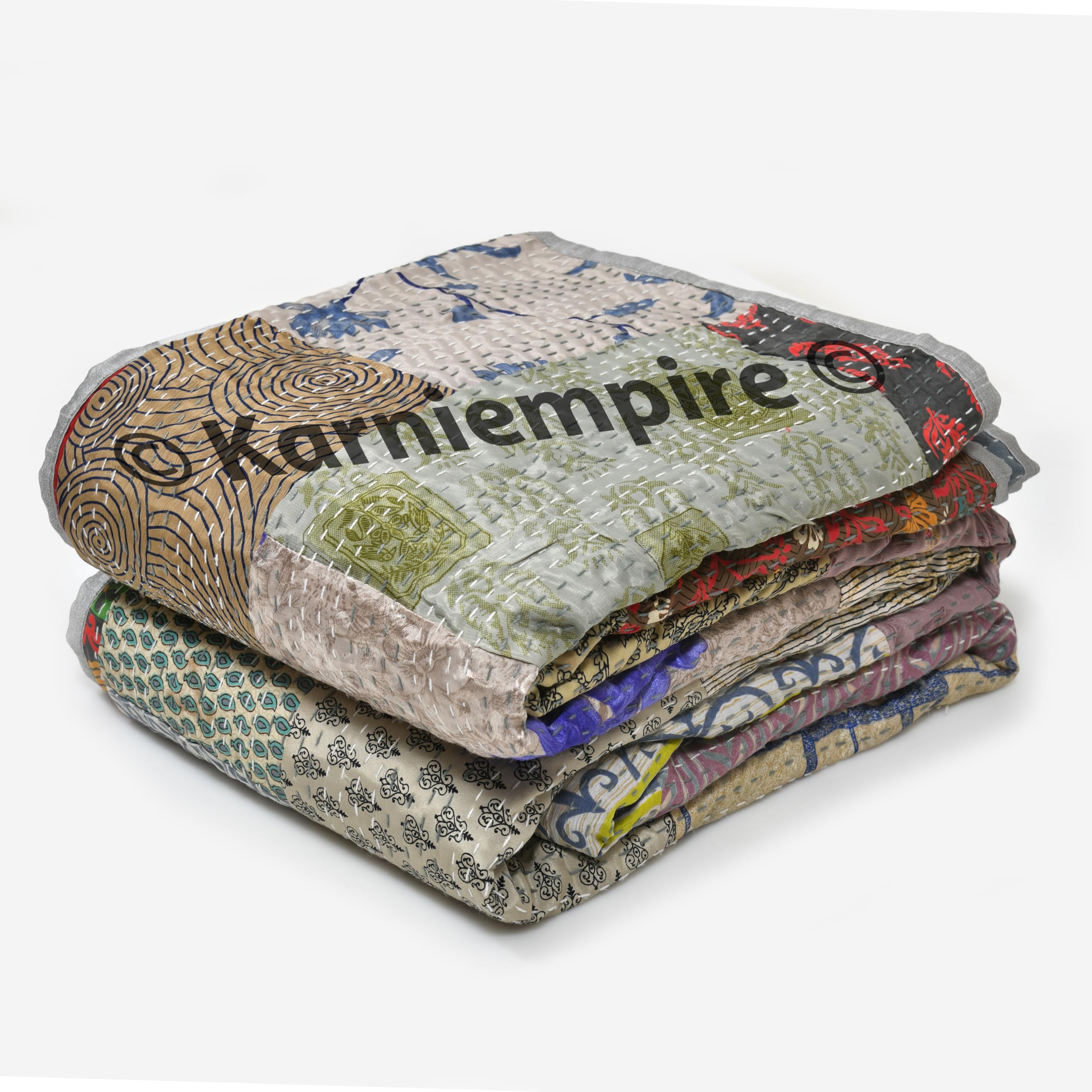 Indian Patchwork Kantha Quilt Throw Handmade Silk Sari Patola Ethnic Reversible Bohemian Bedding Bedspread Vintage Stitched Boho Gudri Blanket Bed Sofa Cover Decorative (Baby [40"X60"], Grey)