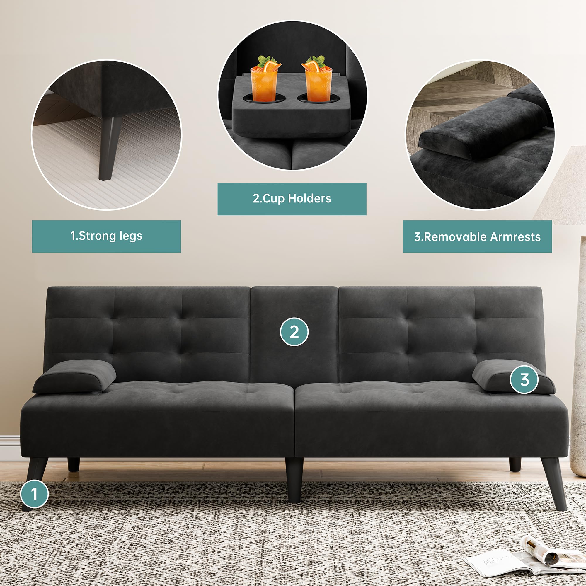 64" Futon Sofa Bed, Convertible Loveseat with 2 Cup Holders, Small Couch with 3 Adjustable Angles, Removable Armrests, Small Sofa for Apartment, 5.3 FT, Black