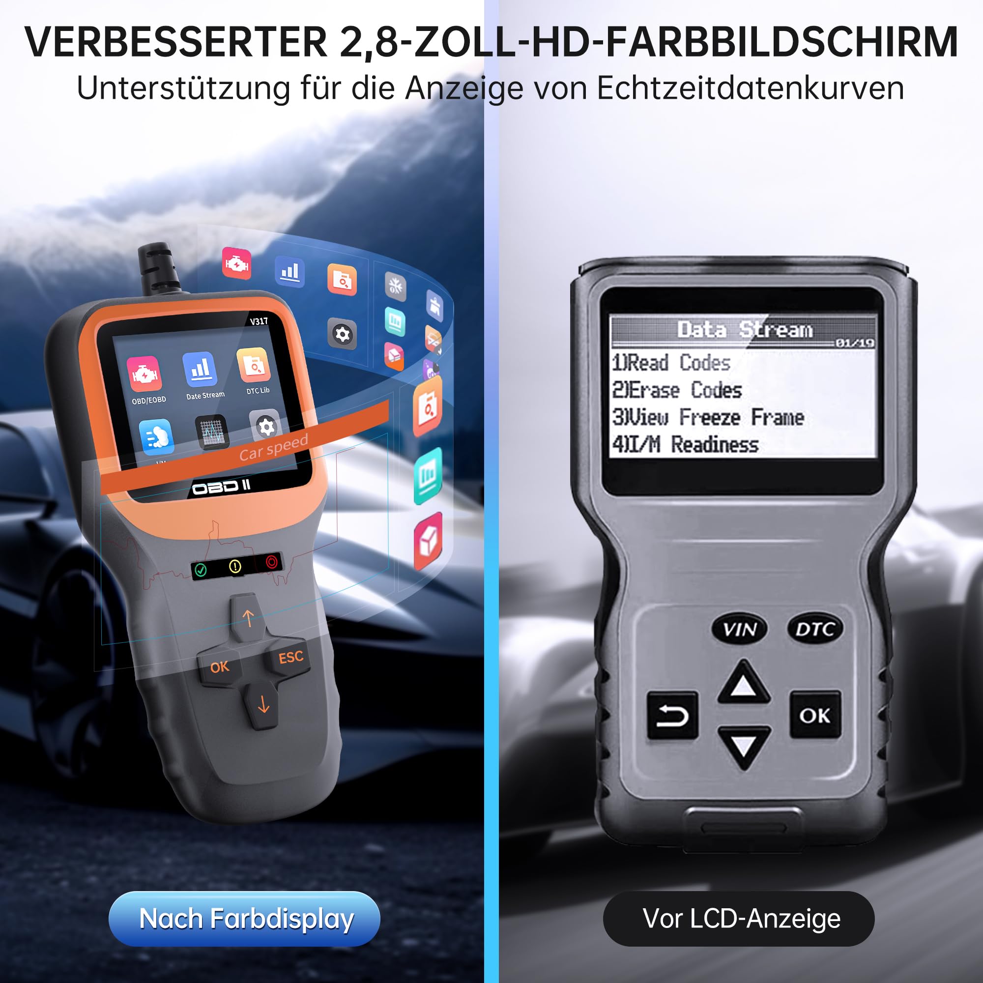 V317 Narzędzie diagnostyczne OBD2, samochodowy czytnik kodów OBD2, czytnik kodów błędów, narzędzie diagnostyczne OBDII/EOBD do wszystkich samochodów z protokołem OBDII (kolorowy ekran LCD)
