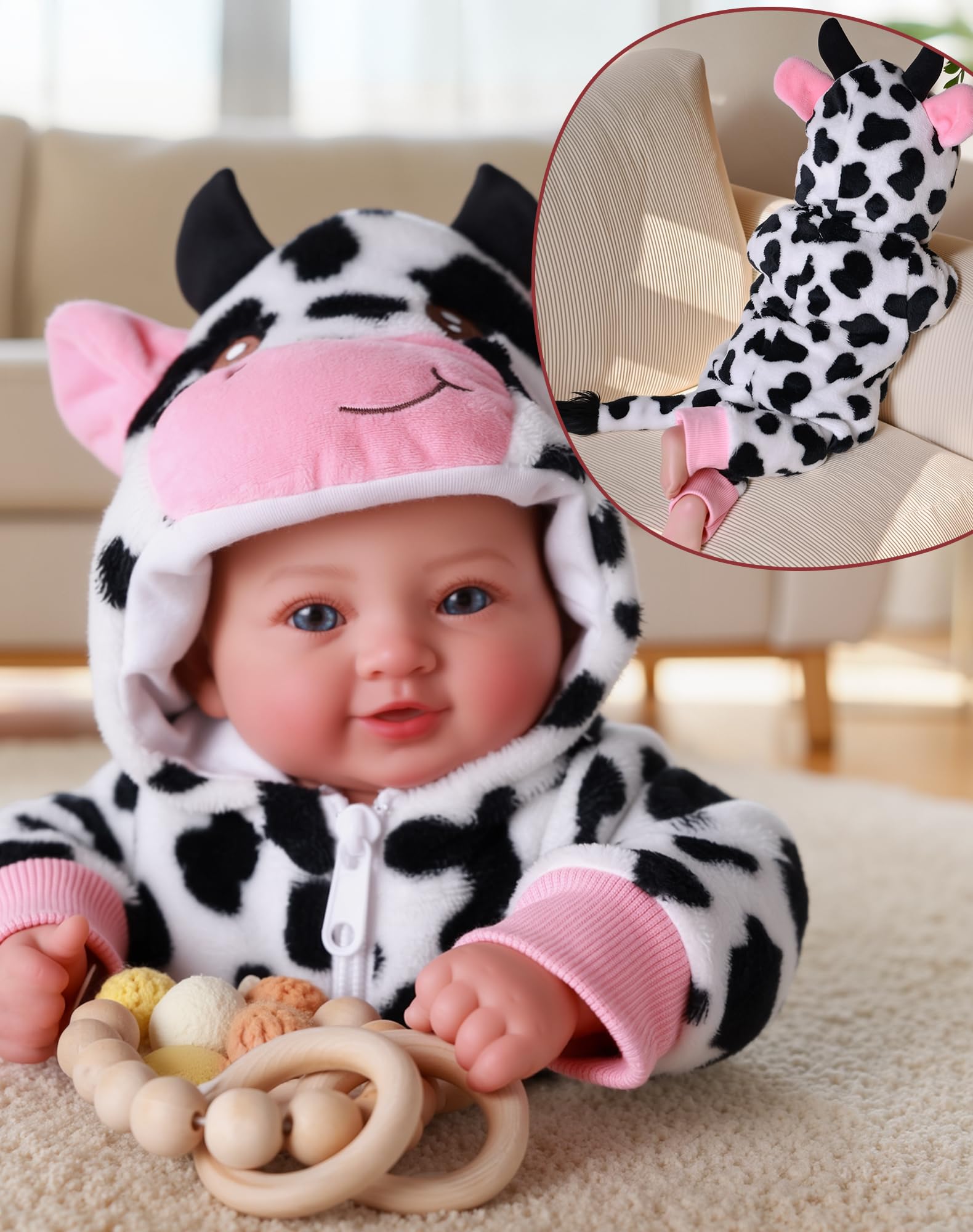 BABESIDE Baby Doll Girl - 17-Inch Soft Body Realistic Baby Doll with Blue Eyes and Cow Outfit Real Life Baby Dolls for 3 4 5 6 7 8 9 Years Girl Birthday Gifts, Pretend Play, Christmas & Collection