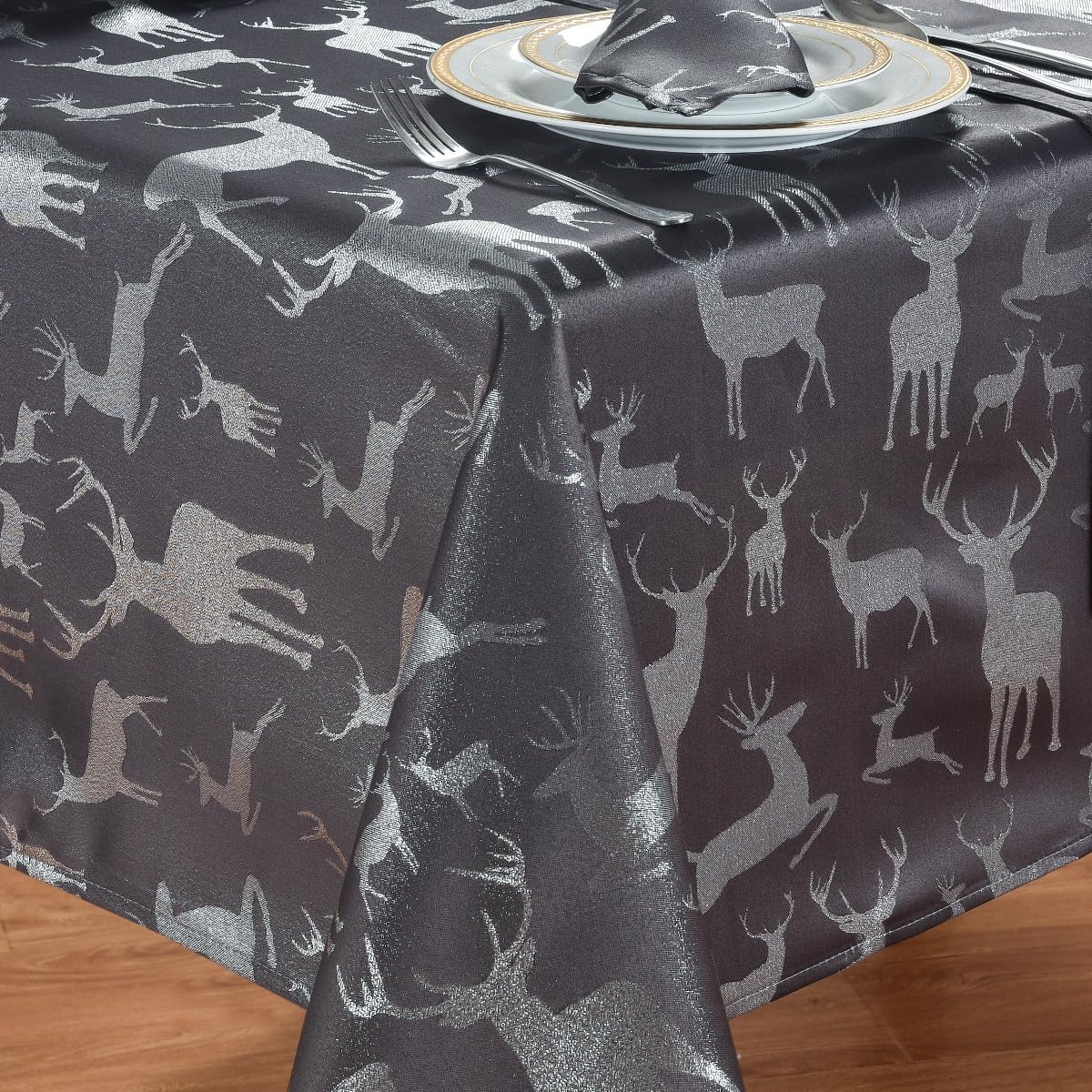 Kitchenwise54" x 72" Large Stag Grey Silver Oblong Table Cloth, Slate Black Shimmer Deer