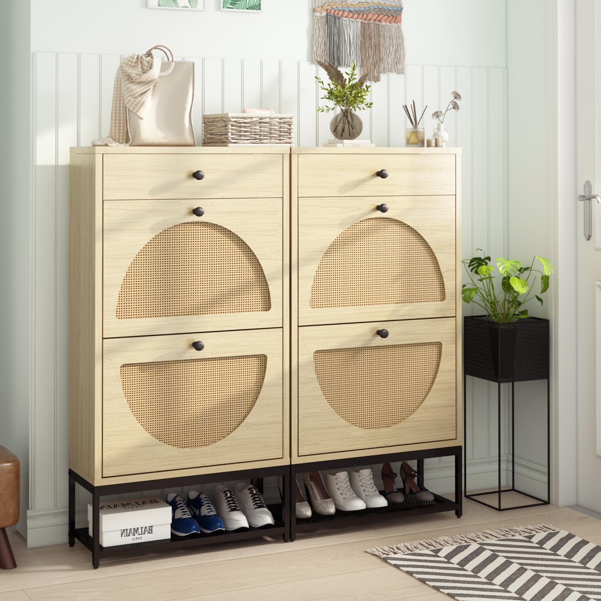 Lamerge Free Standing Shoe Racks Pack of 2, Entryway Organizer with 2 Natural Semi-Circular Rattan Flip Drawers, Hallway Faux Wooden Shoe Storage Cabinet with Bottom Rack for Living Room, Bedroom