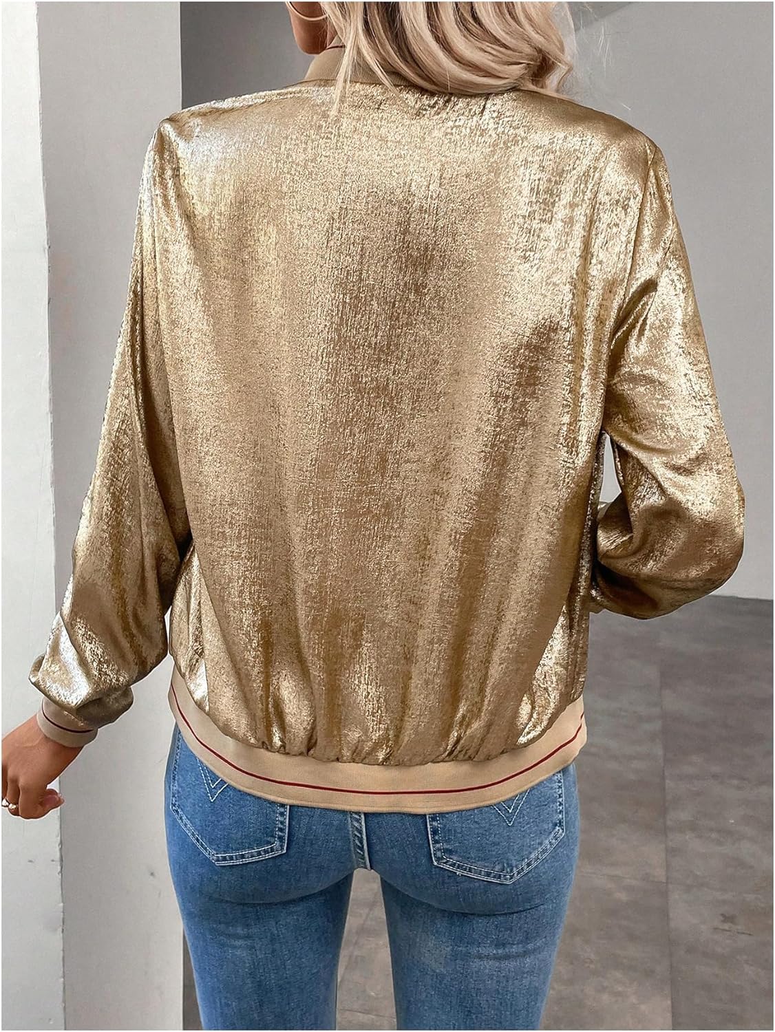 Verdusa Women's Metallic Zipper Bomber Disco Party Jackets Outwear Long Sleeve Lightweight Jacket Coats - Image 2