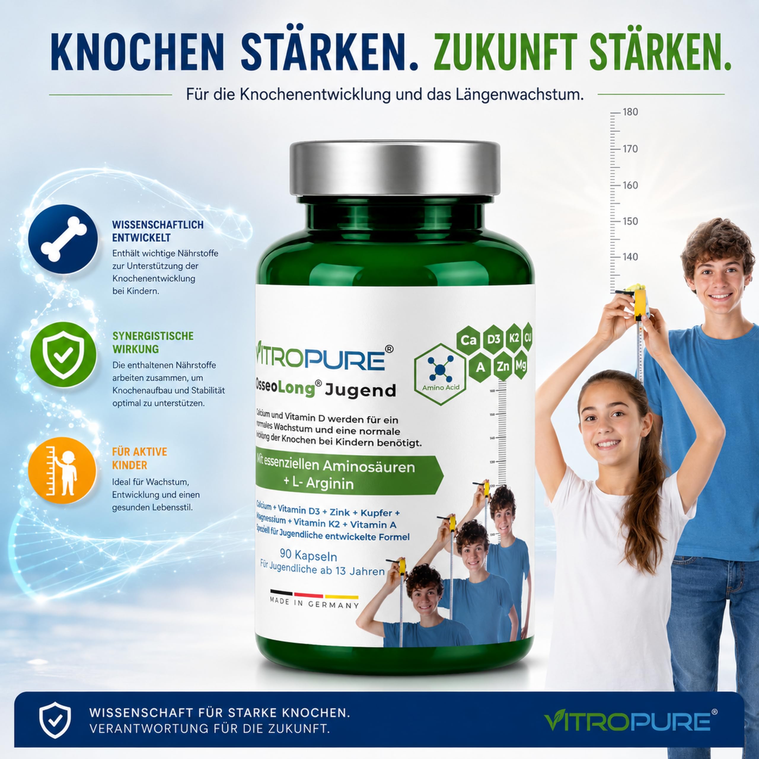 OsseoLong® Jugend: Einzigartige Kombination L-Arginin + verzweigtkettiger Aminosäuren (BCAAs), Kalzium, Vitamin D3, Zink und Magnesium für die Knochenentwicklung (Kapsel)