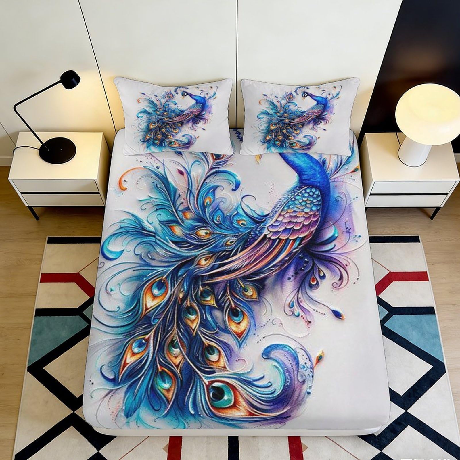 3D Printed Blue Peacock Fitted Sheet Microfiber Soft Anti-Slip Artistic Feather Bed Sheet for Bedroom Dorm Decor 90x200x25cm