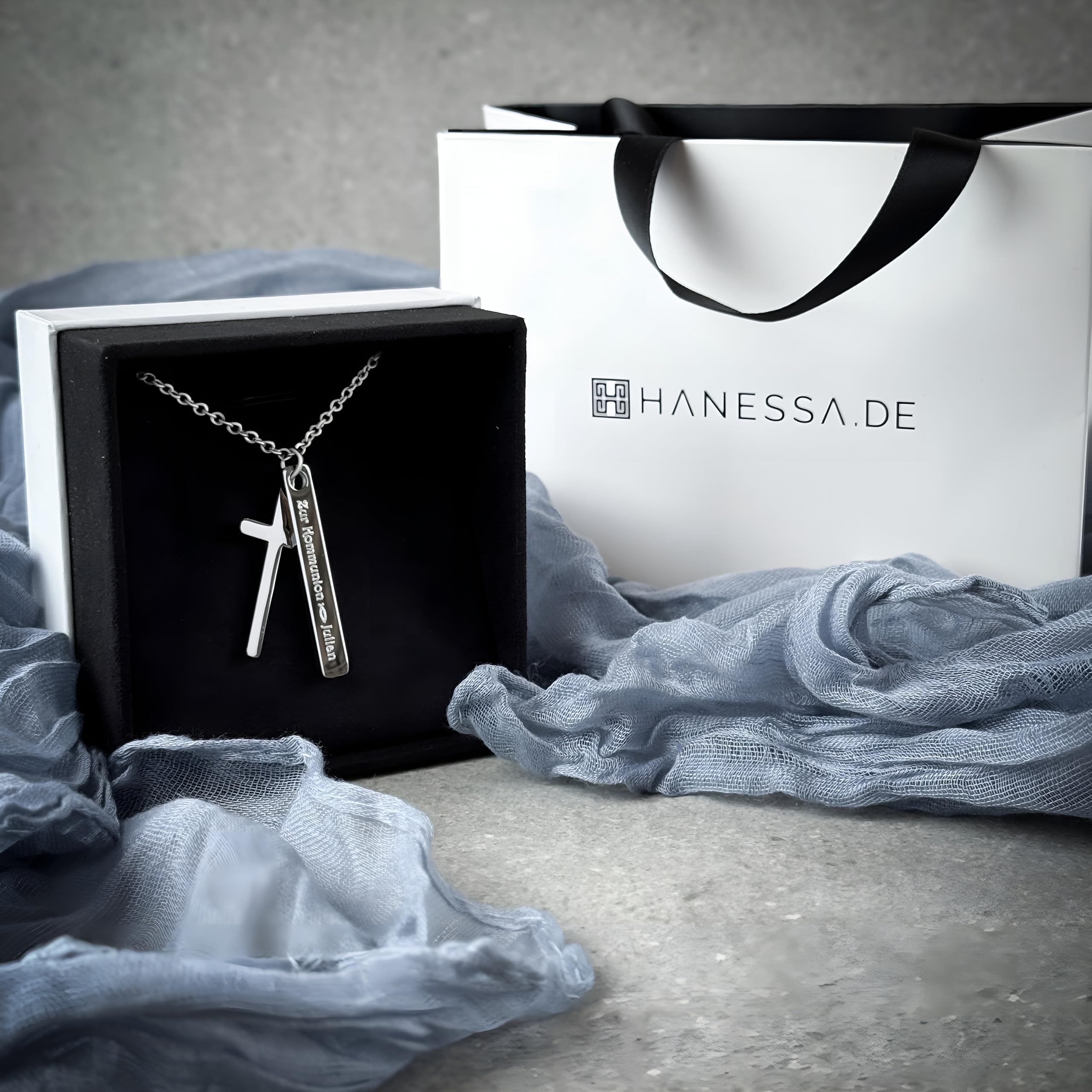 Personalisierte Kette mit Gravur Edelstahl 50 cm mit Anhänger Kreuz Rechteck in silber - Personalisierte Geschenke für Kinder und Erwachsene - Halskette Damen Herren Mädchen Jungen