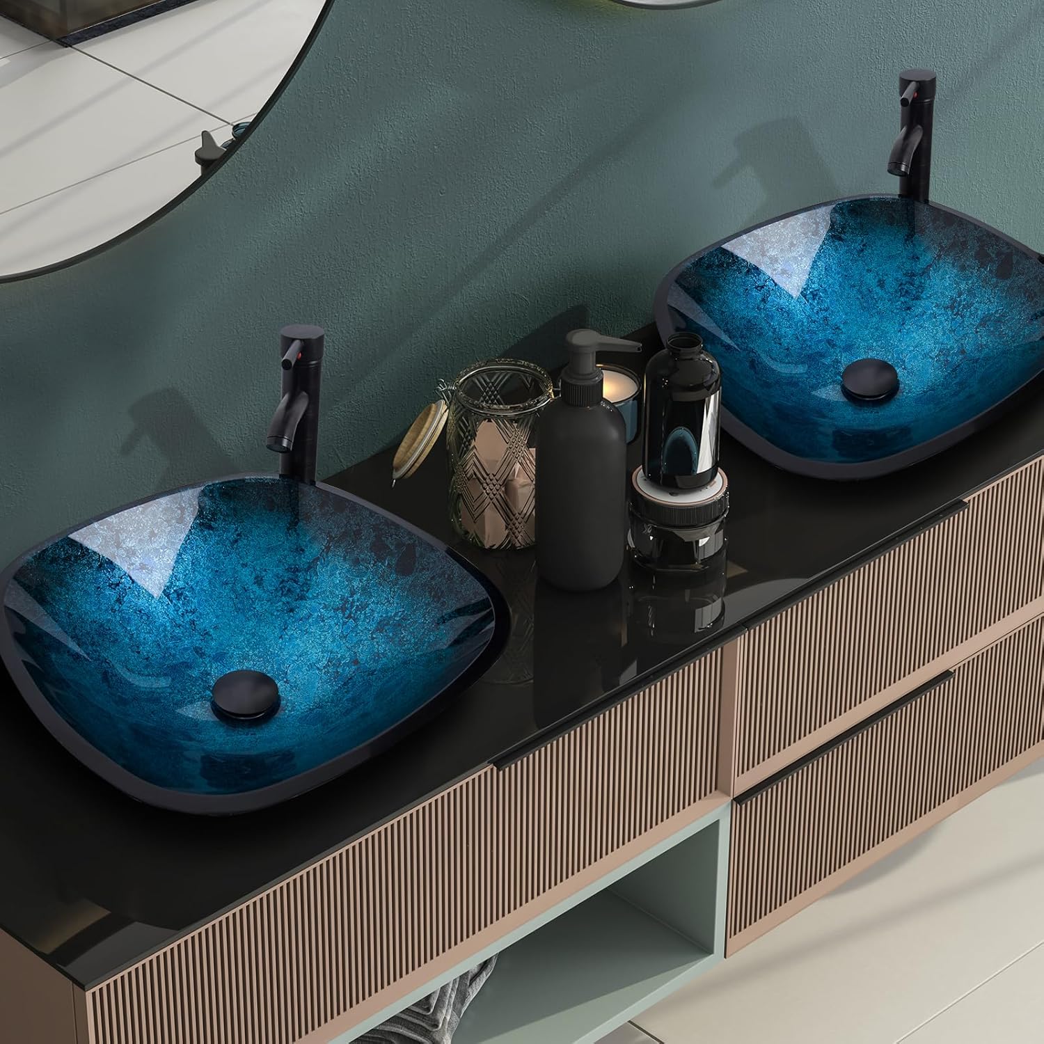 Artistic Square Bathroom Sink Blue Tempered Glass Vessel Sink Combo with Faucet 1.5 GPM and Pop up Drain Bathroom Bowl