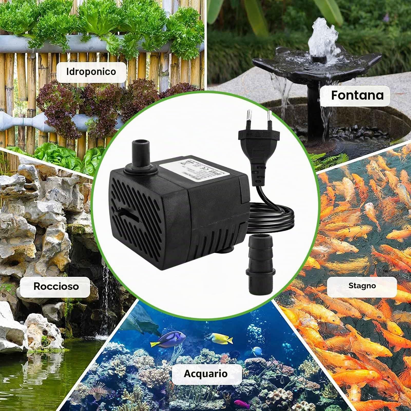 Mini pompa dell'acqua (350 l/h, 5 W), con sollevamento elevato, cavo di alimentazione da 1,5 m, 2 ugelli per acquari, laghetti, fontane, statue