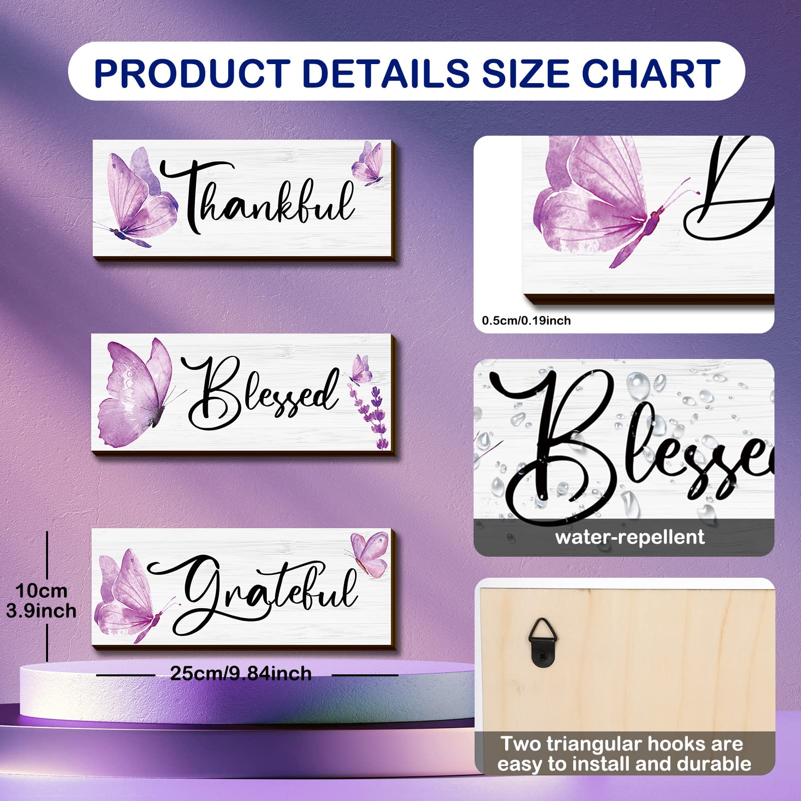 Gerrii 3 Pcs Purple Butterfly Wall Decoration Thankful Grateful Blessed Wooden Signs Inspirational Butterfly Wall Art Lavender Flower Gift for Kitchen Hanging Wedding Room Bathroom Bedroom