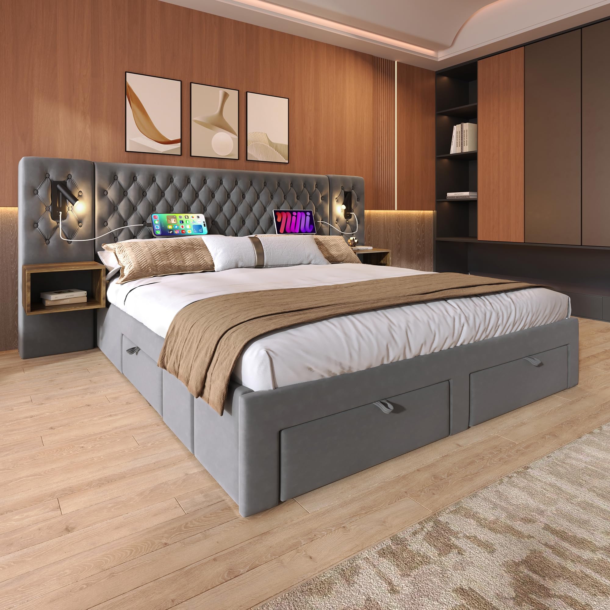 LINKHOO Linge de lit Ensemble Complet, rembourré Double avec 2 Tables de Chevet et 4 tiroirs, tête de lit liseuse avec Fonction de Charge USB, sans Matelas, Velours, 160×200 cm, Gris