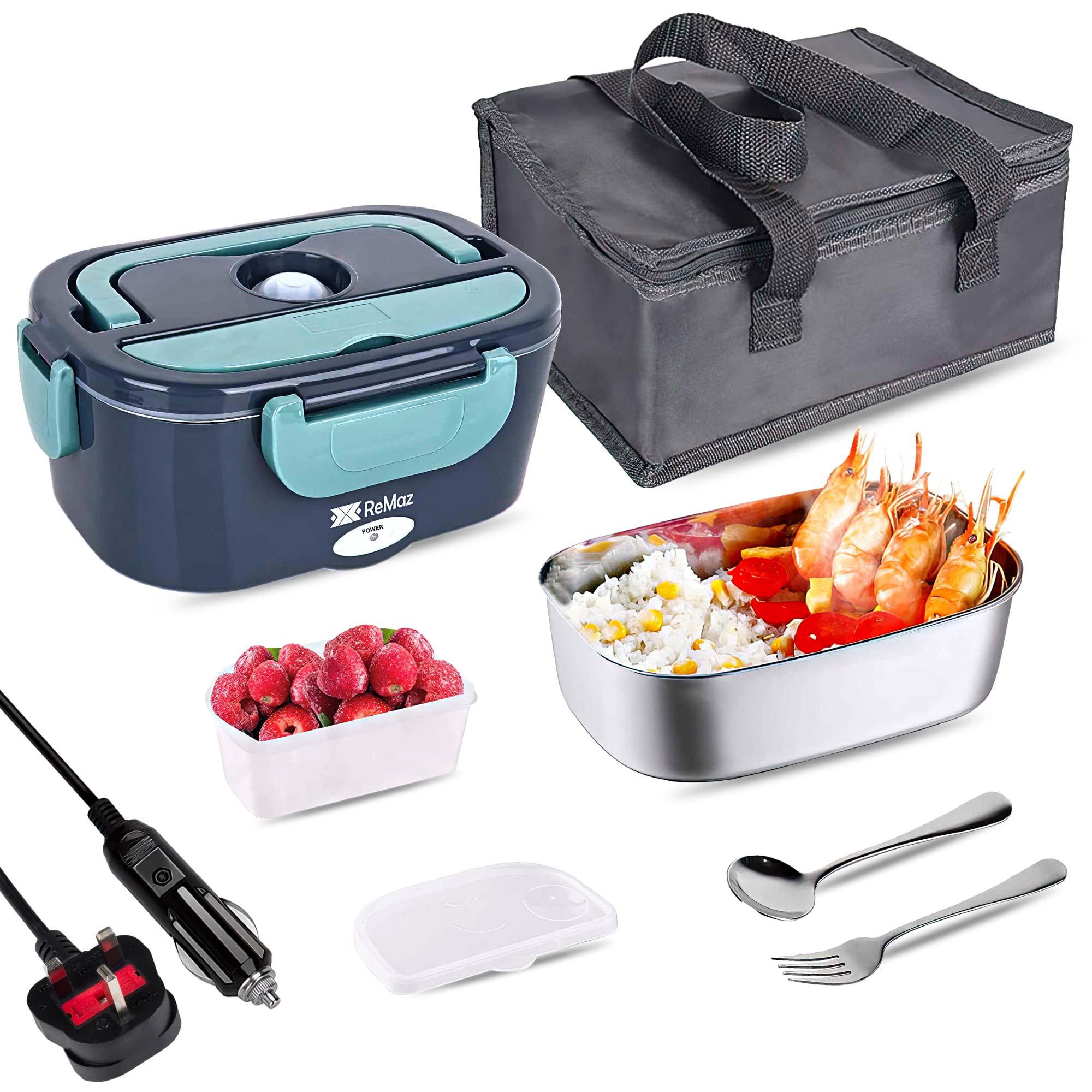 REMAZ Electric Lunch Box Food Heater - 60W Portable Food Heater for Car & Home - Leak proof, Lunch Heating Microwave for Truckers with Removable Stainless Steel Container 1.5 L, 110V/12V/24V- Green