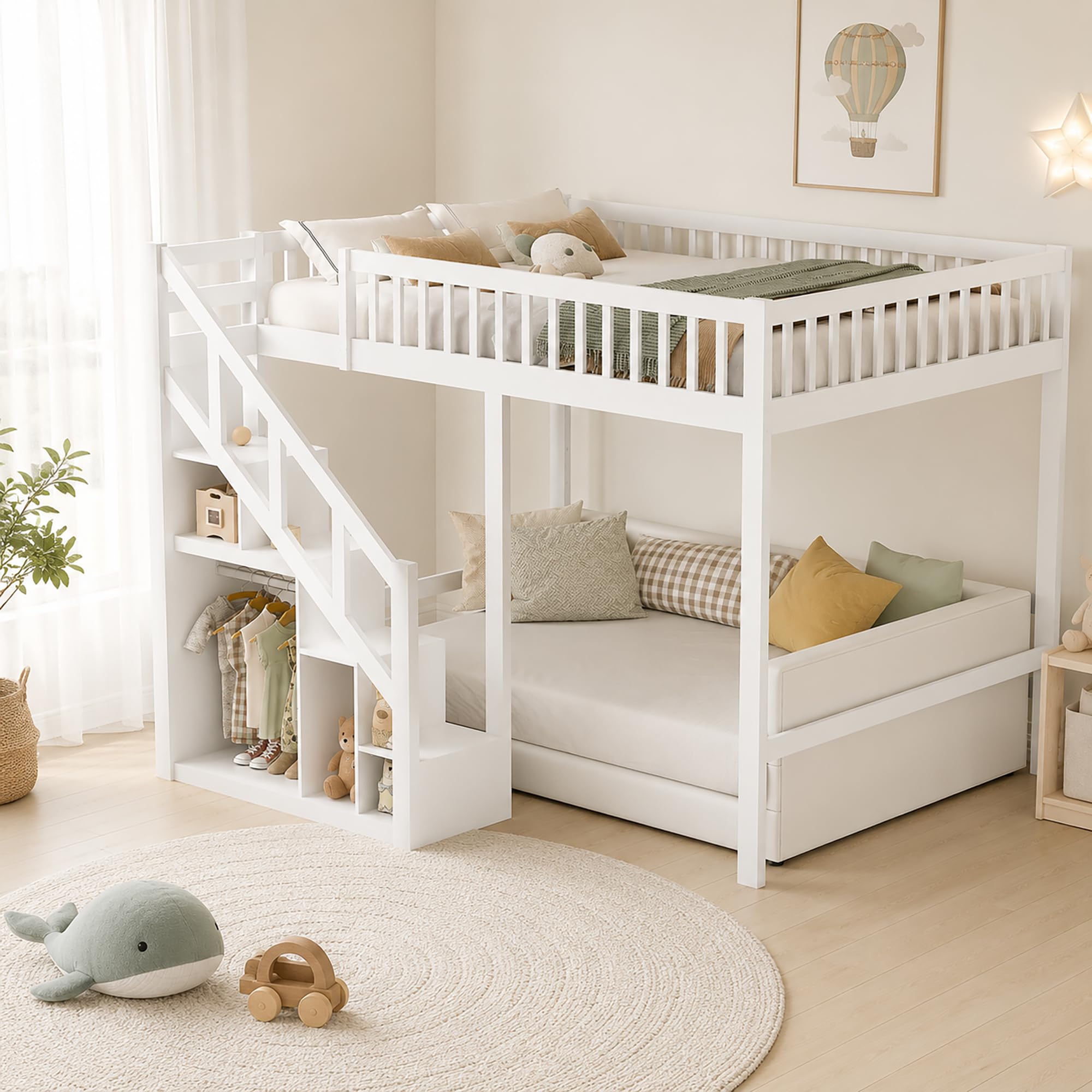 Lit superposé, pour enfant, 140 x 200 cm, en bois, avec espace de rangement, pour 2 enfants, 140 x 200 cm, avec escalier et sommier à lattes, avec protection contre les chutes, sans matelas