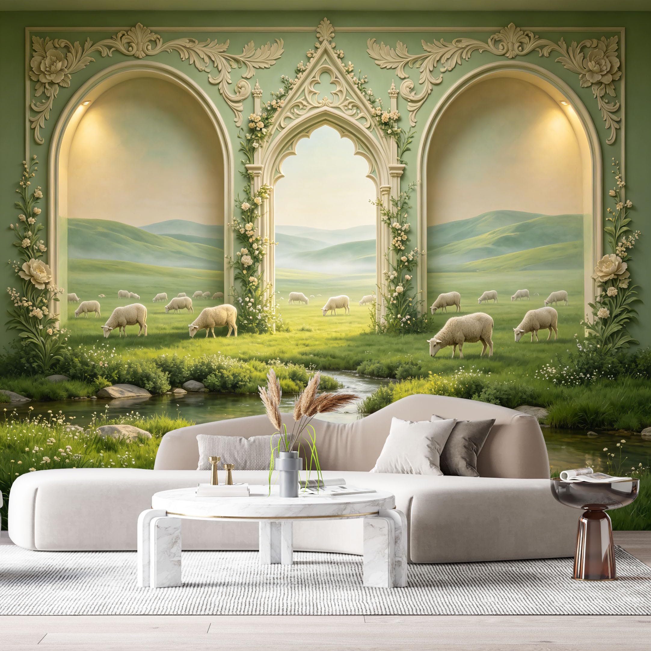 Custom Size Wall Murals Pastoral Sheep Flock River Archway 3D Trompe L'Oeil SelfAdhesiveWall Fabric Removable Wallpaper Wall Decor for Living Room Bedroom Bathroom