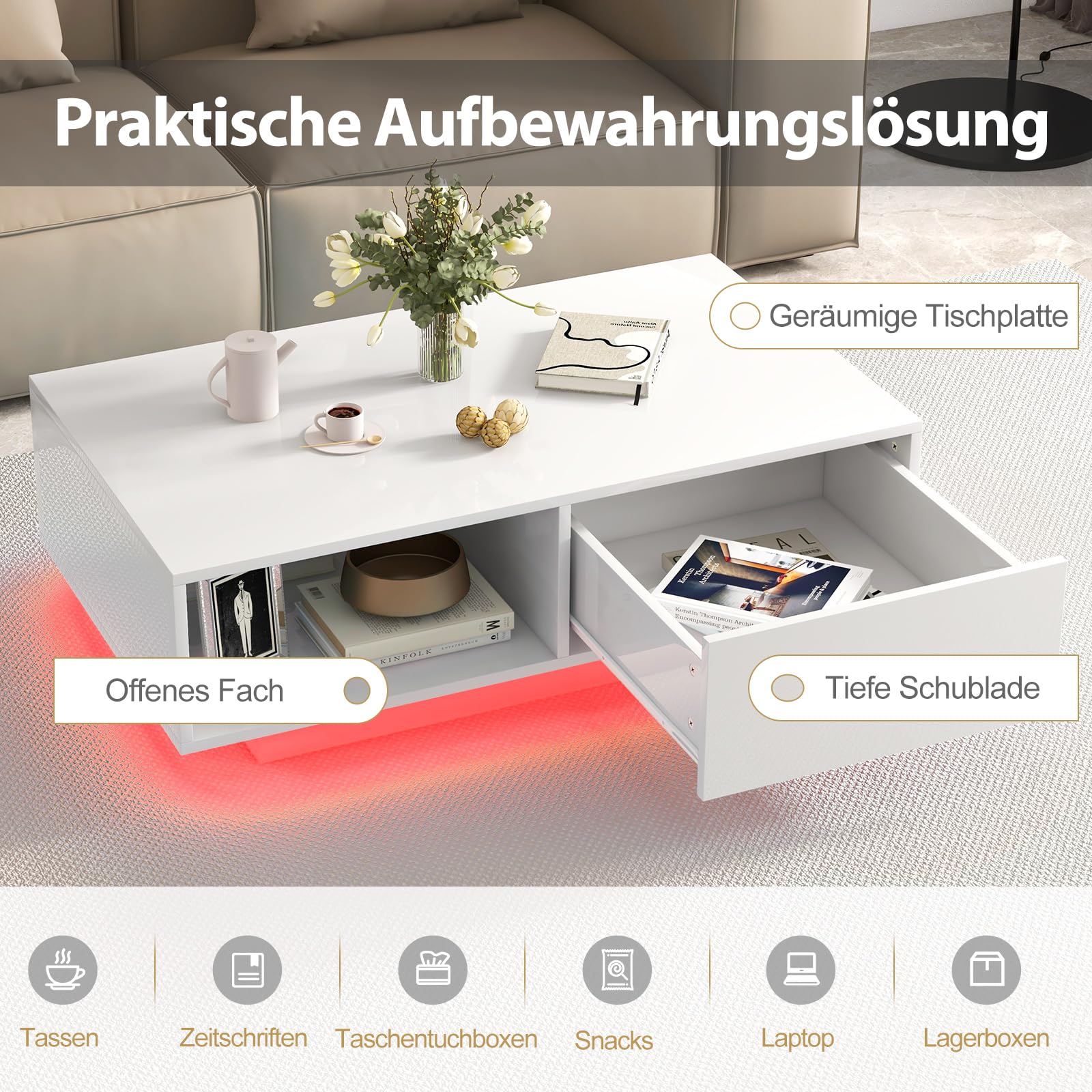 COSTWAY Salontafel met LED-verlichting, woonkamertafel hoogglans met 20 lichtkleuren, bijzettafel met lade & opbergruimte, koffietafel sofatafel rechthoekig voor de woonkamer, 95 x 55 x 31 cm (wit
