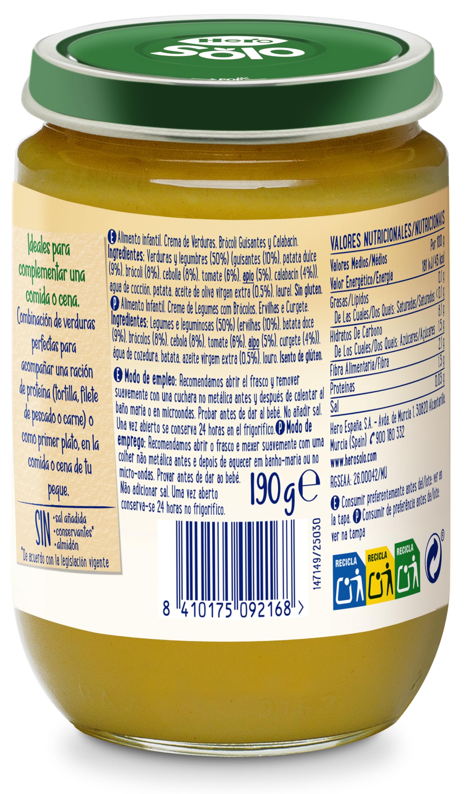 Hero Solo Tarrito Verduras Bebé Brócoli Guisante Calabacín Aceite Oliva Virgen Extra Sin Sal 190g 12U Desde 6 Meses