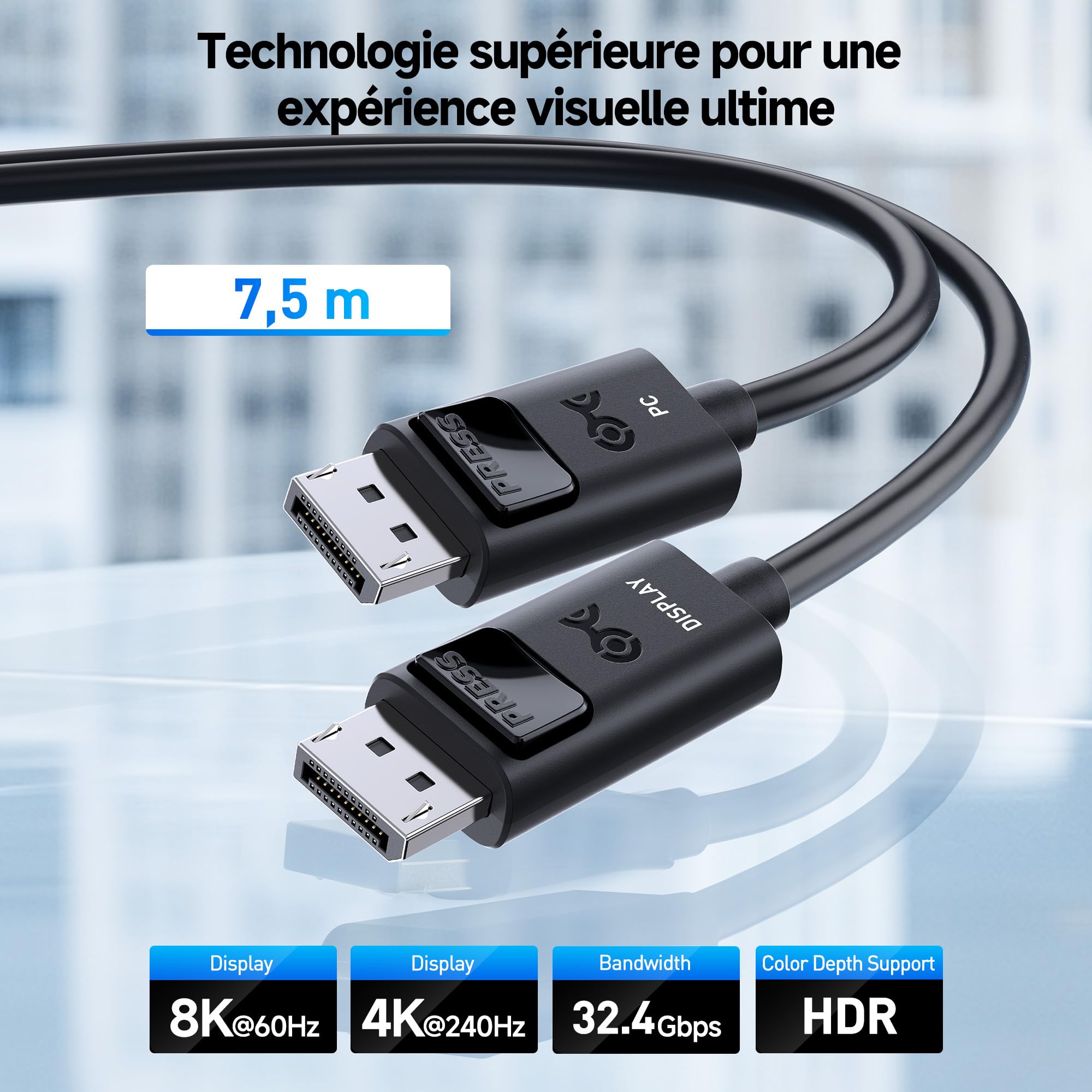 Cable Matters Câble DisplayPort Actif unidirectionnel câble DisplayPort 1.4 avec Prise en Charge de la vidéo 8K 60 Hz et de la HDR jusqu'à 7,5 m 25 Pieds