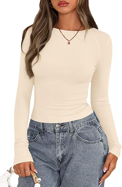 PRETTYGARDEN Long Sleeve Shirts for Women 2025 Fall Going Out Tops Casual Ribbed Knit Slim Fitted Basic Tees Y2K Clothes