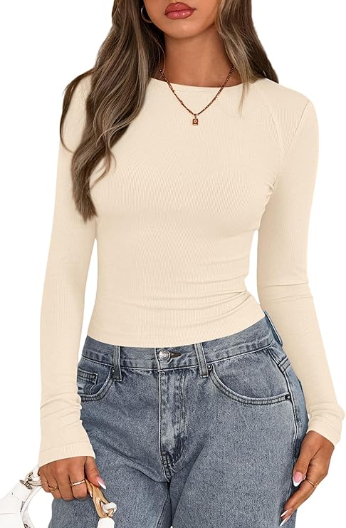 PRETTYGARDEN Long Sleeve Shirts for Women 2025 Fall Going Out Tops Casual Ribbed Knit Slim Fitted Basic Tees Y2K Clothes