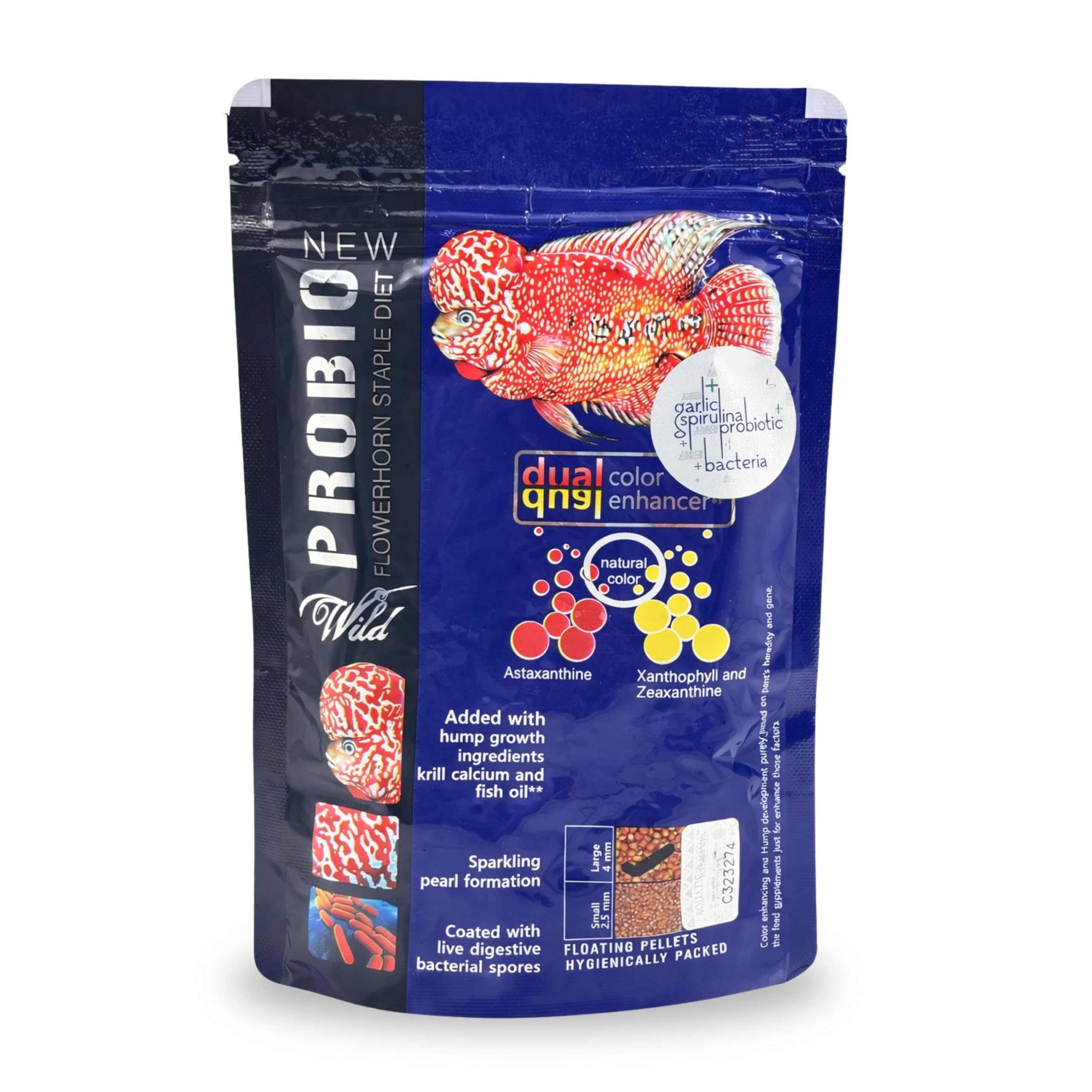 Wild Probio Flowerhorn Staple Diet Dual Color Enhancer Fish Food with Added Garlic, Spirulina Probiotic and Bacteria (100g, Large Pellet)