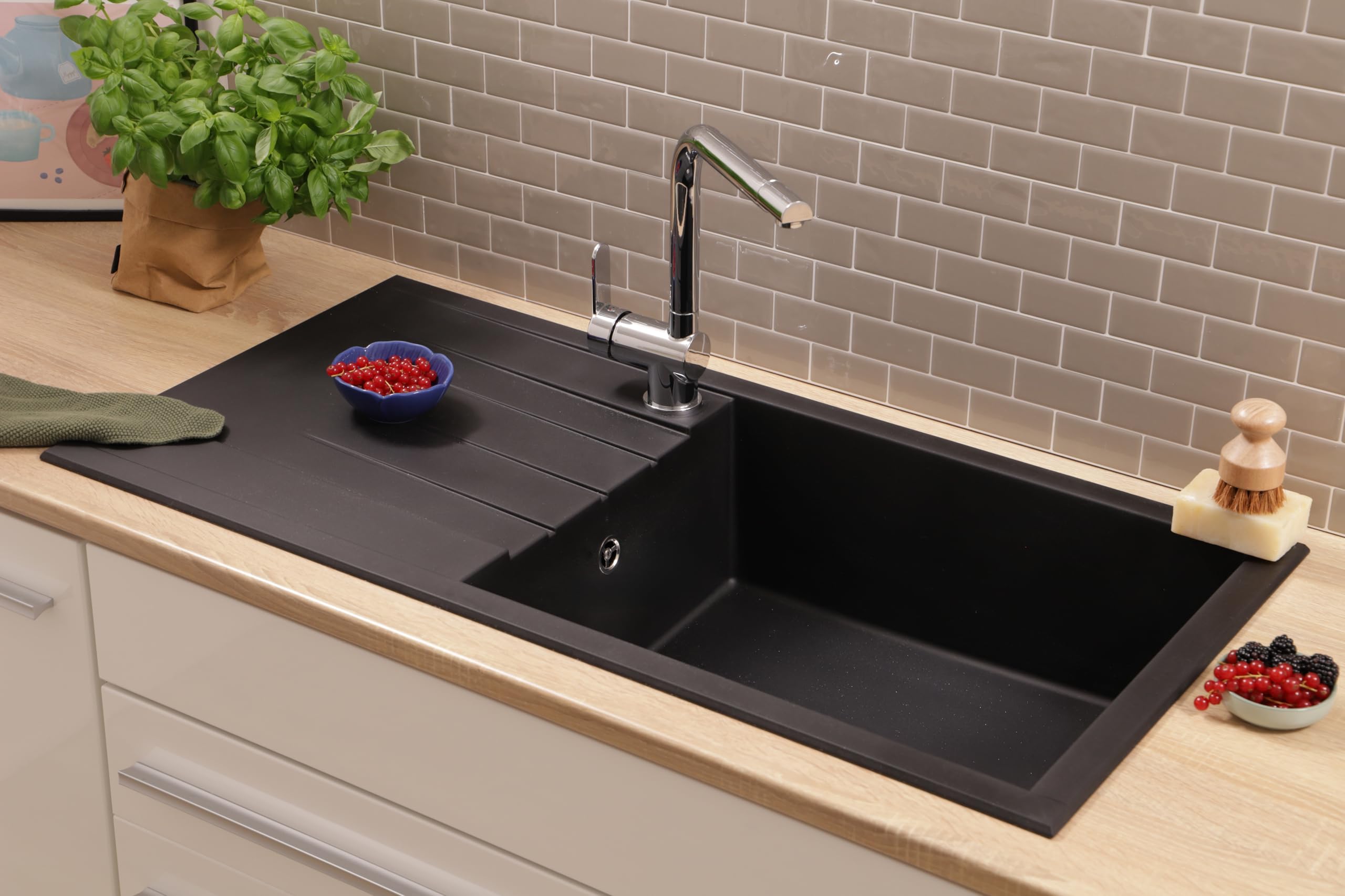 Respekta Houston Lavello in Mineralite nero/Lavello da incasso a 1 vasca da 100 x 50 cm/Lavello adatto a mobili sottolavello a partire da 60 cm di larghezza / HOUSTON100X501BS