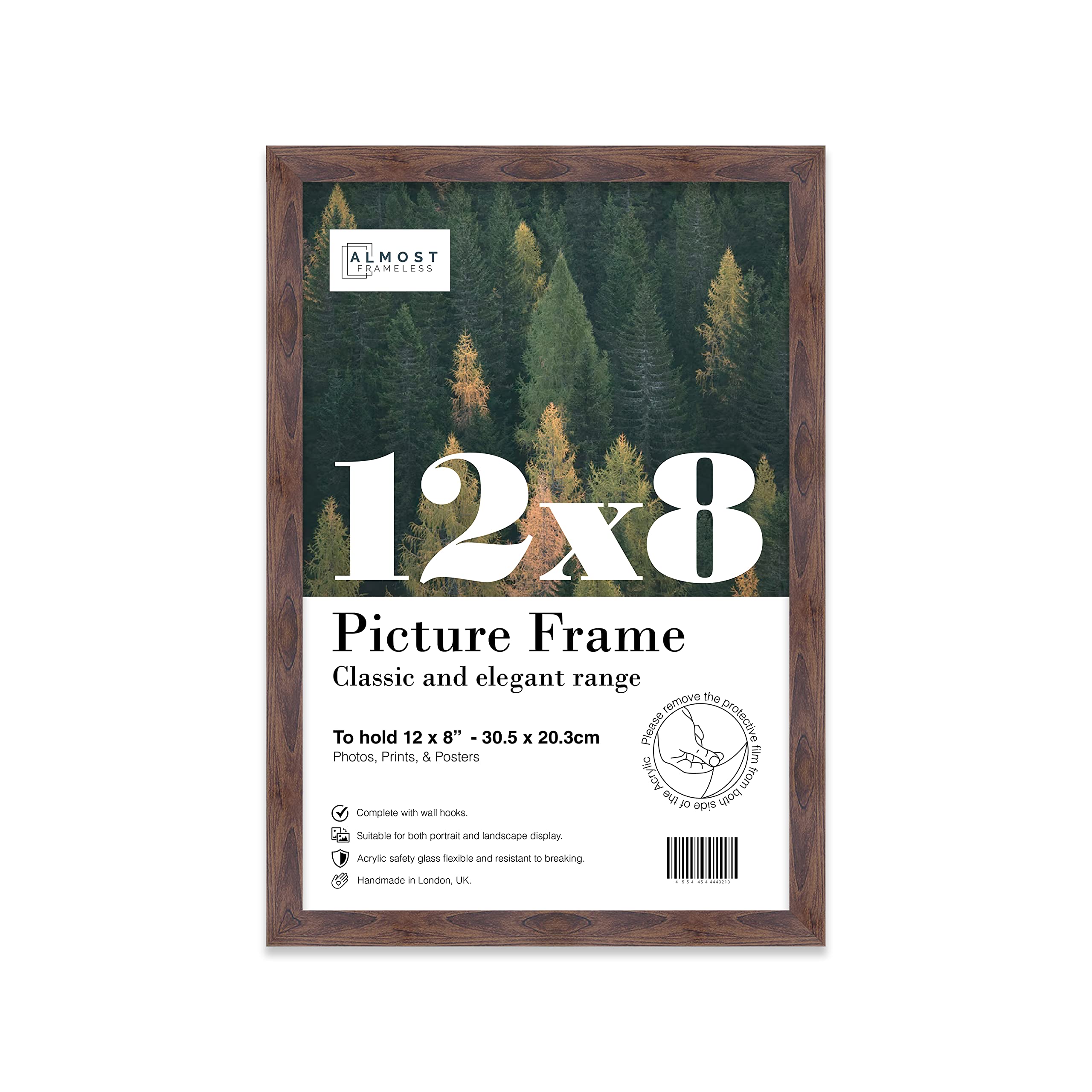 Almost Frameless 12x8 Walnut Picture Frame 12"x8"(30.5x20.3cm) Poster, Photo, Artwork, or Print. Thin Edge Slim Frame Portrait and Landscape Display with Wall Hooks