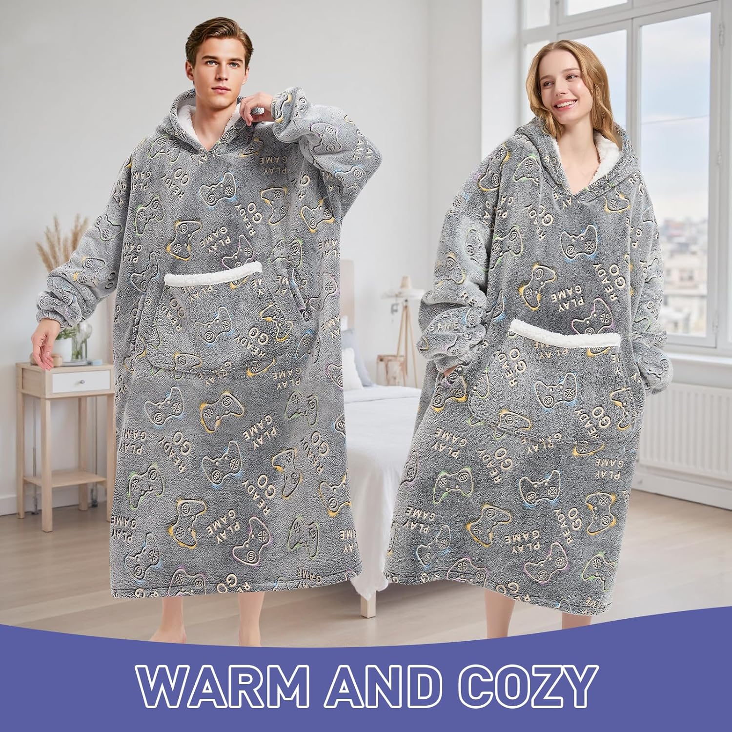 Wearable Blanket Gift for Women & Men Sherpa Flannel Blanket Hoodie Long Warm and Cozy Blanket with Giant Pocket,Glow in the Dark Game Controller - Image 2