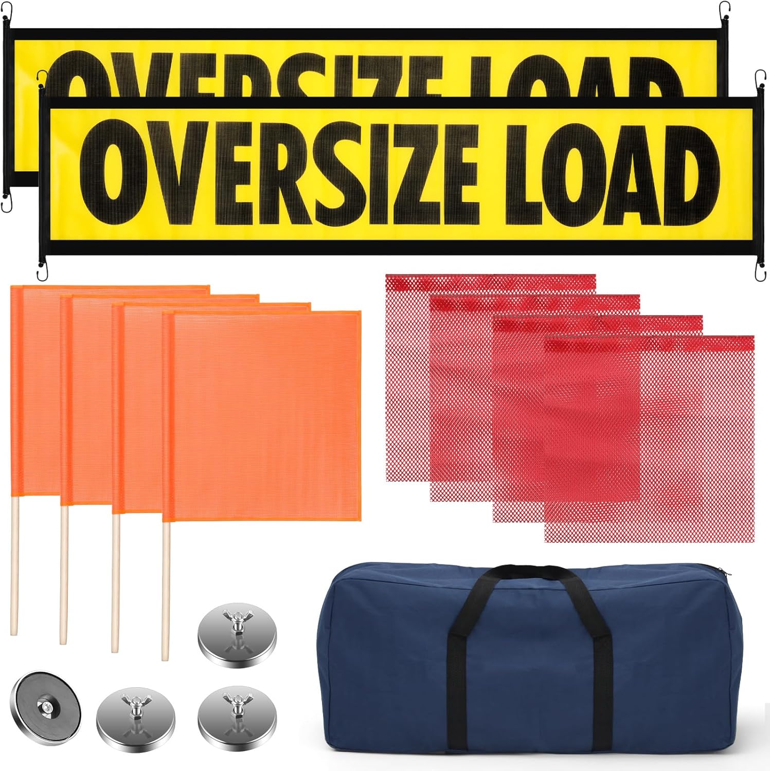 Newwiee 15 Pcs Safety Flag Kit Includes 2 Oversized Load Banner Oversize Load Sign, 8 Red and Orange Flag Warning, 1 Bag and 4 Magnet for Truck Cargo Pedestrian Crossings Construction