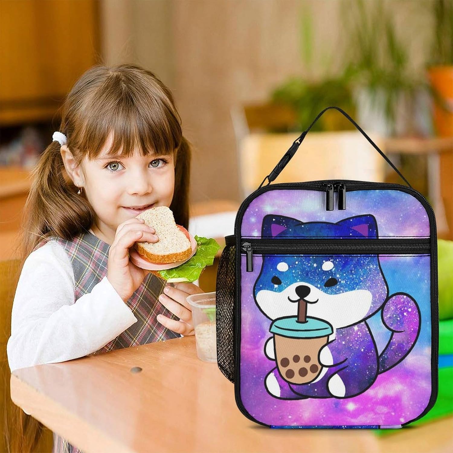 Galaxy Dog Insulated Lunch Box,Kawaii Dog Drinking Boba Bubble Tea Kids Lunch Bags For Girls,Reusable Portable Kids Girls School Lunch Box With Detachable Handle - Image 7