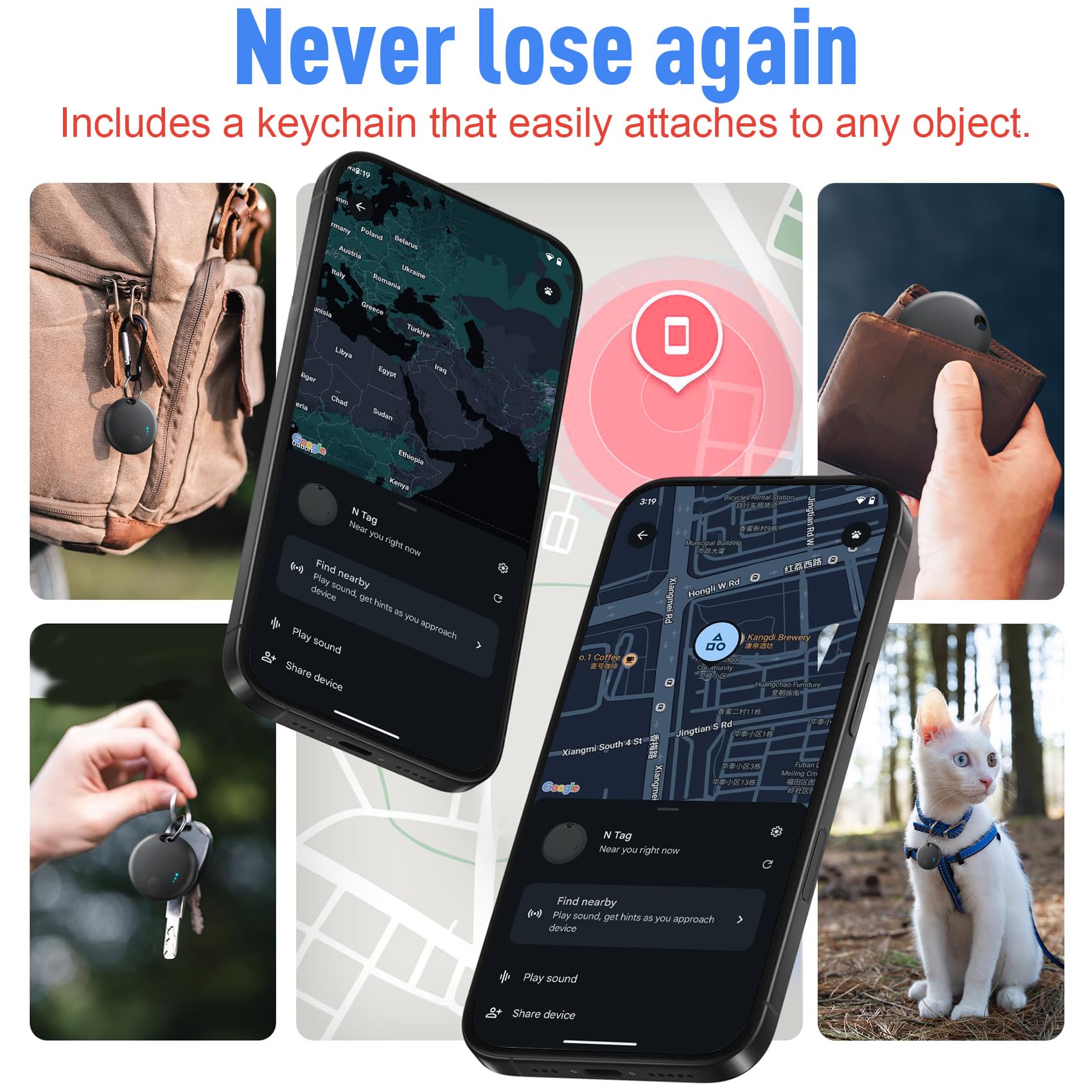 Tracker Bluetooth per Android, confezione da 2 pezzi, funziona con Google Find My Device App, trova chiavi e localizzatore di oggetti per chiavi, portafogli, borse, animali domestici, solo Android