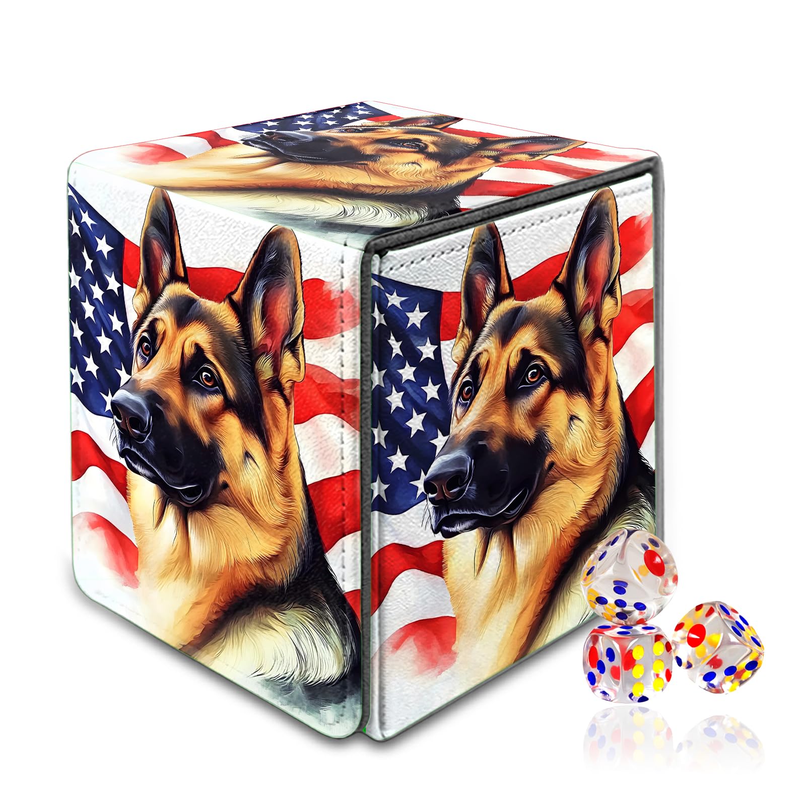 VOGDMKJG Trading Card Deck Box Fit 120+ Single Sleeved Cards,PU Leather Magnetic Closure Card Storage Box With 3 Dice For MTG/TCG/PTCG/Magic/Sport Card Storage Case Vertical Design Dog Flag
