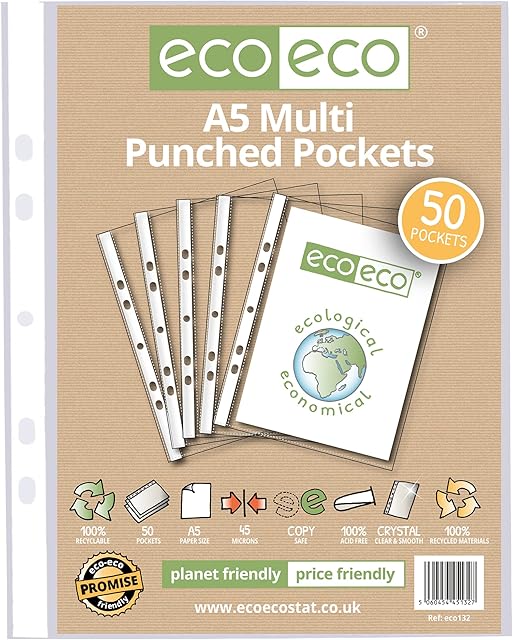 eco-eco A5 100% Recycled Multi Punched Pockets Glass Clear, Transparent Poly Wallet Sheet Protector, 45 Microns (50 Pockets), eco132