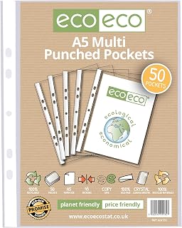 eco-eco A5 100% Recycled Multi Punched Pockets Glass Clear, Transparent Poly Wallet Sheet Protector, 45 Microns (50 Pockets), eco132