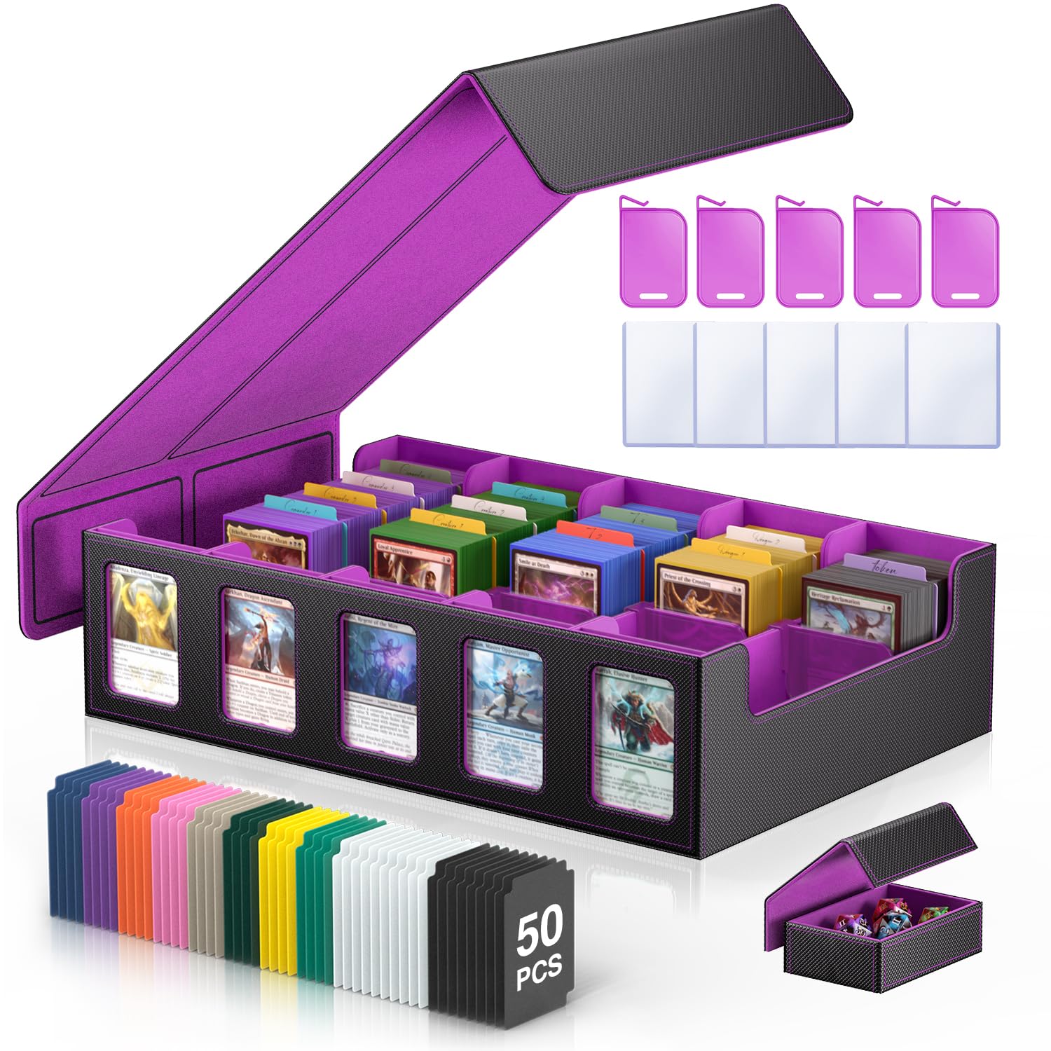 Trading Card Storage Box 5-Row 3900+ Capacity, Black Purple