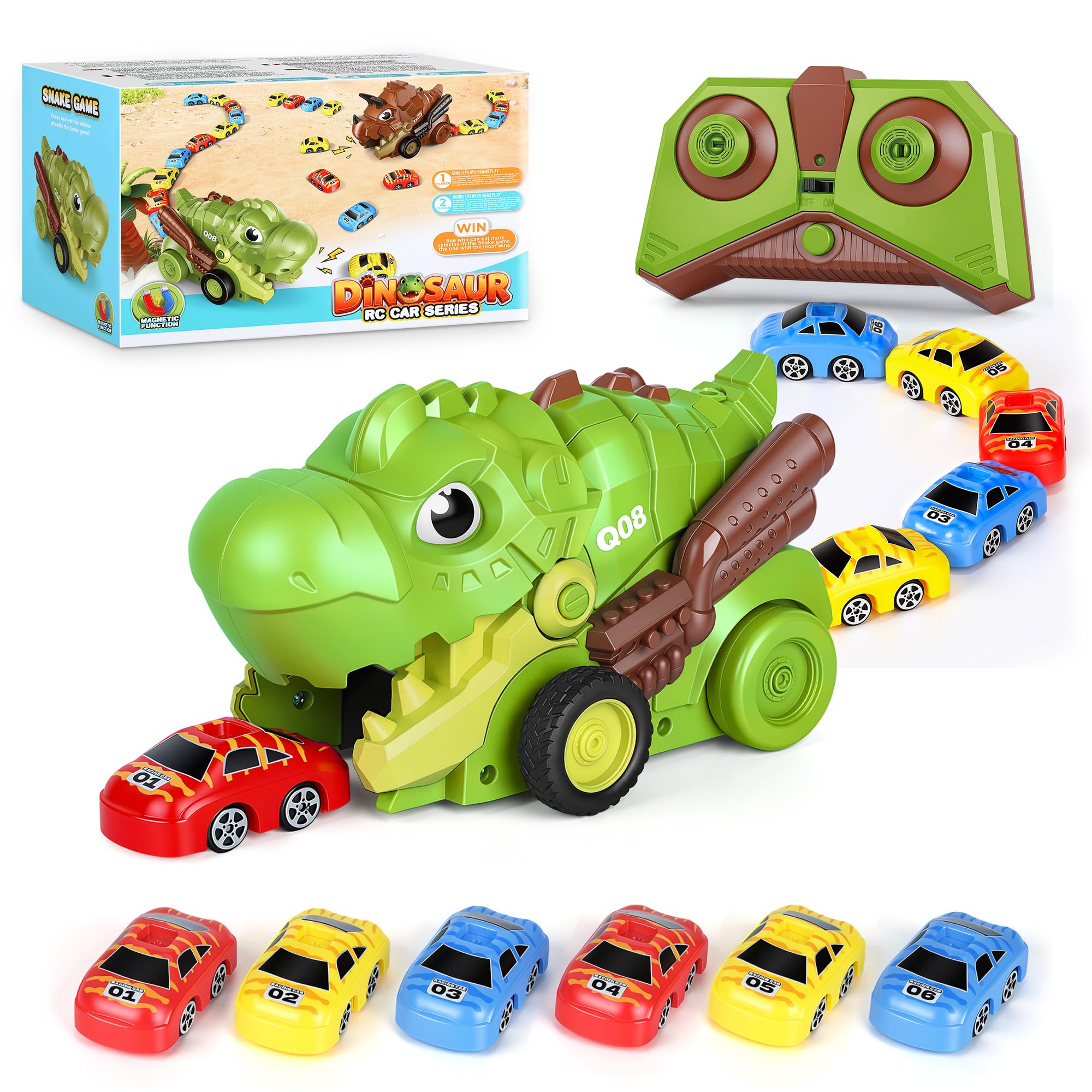 Aolieh Remote Control Dinosaur Car for Kids Age 3+, Chomping 2.4GHz RC Dino Truck with 6 Magnetic Mini Cars, 2 Speeds, Music, Rechargeable Battery, Gift for Boys and Girls