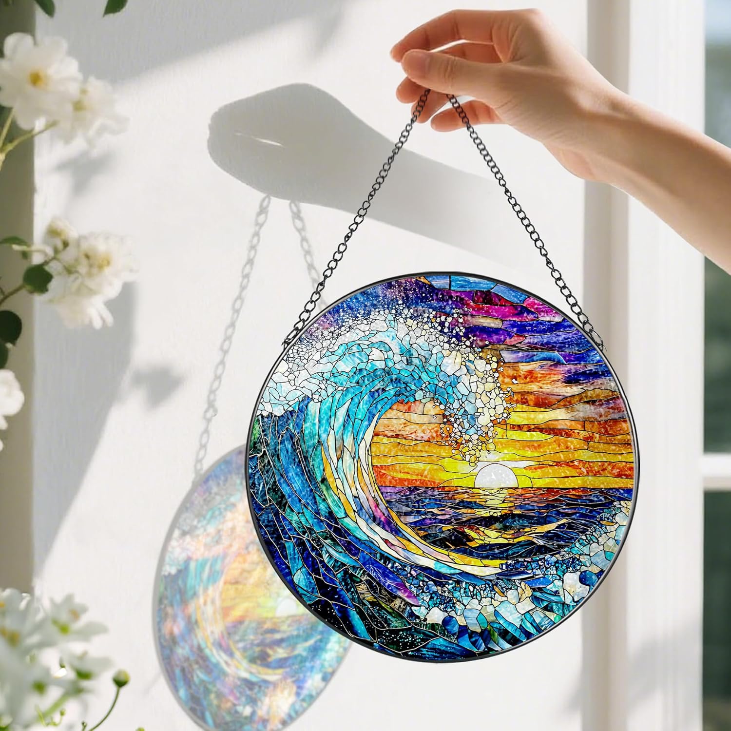 Stained Glass Window Hanging, Pauyadu 8 Inch Sea Waves Stained Glass Suncatcher, Sunset on The Beach Window Decor, Gift for Beach Lovers, Natural Gifts, Christmas, Mother's Day, Housewarming Gifts - Image 3