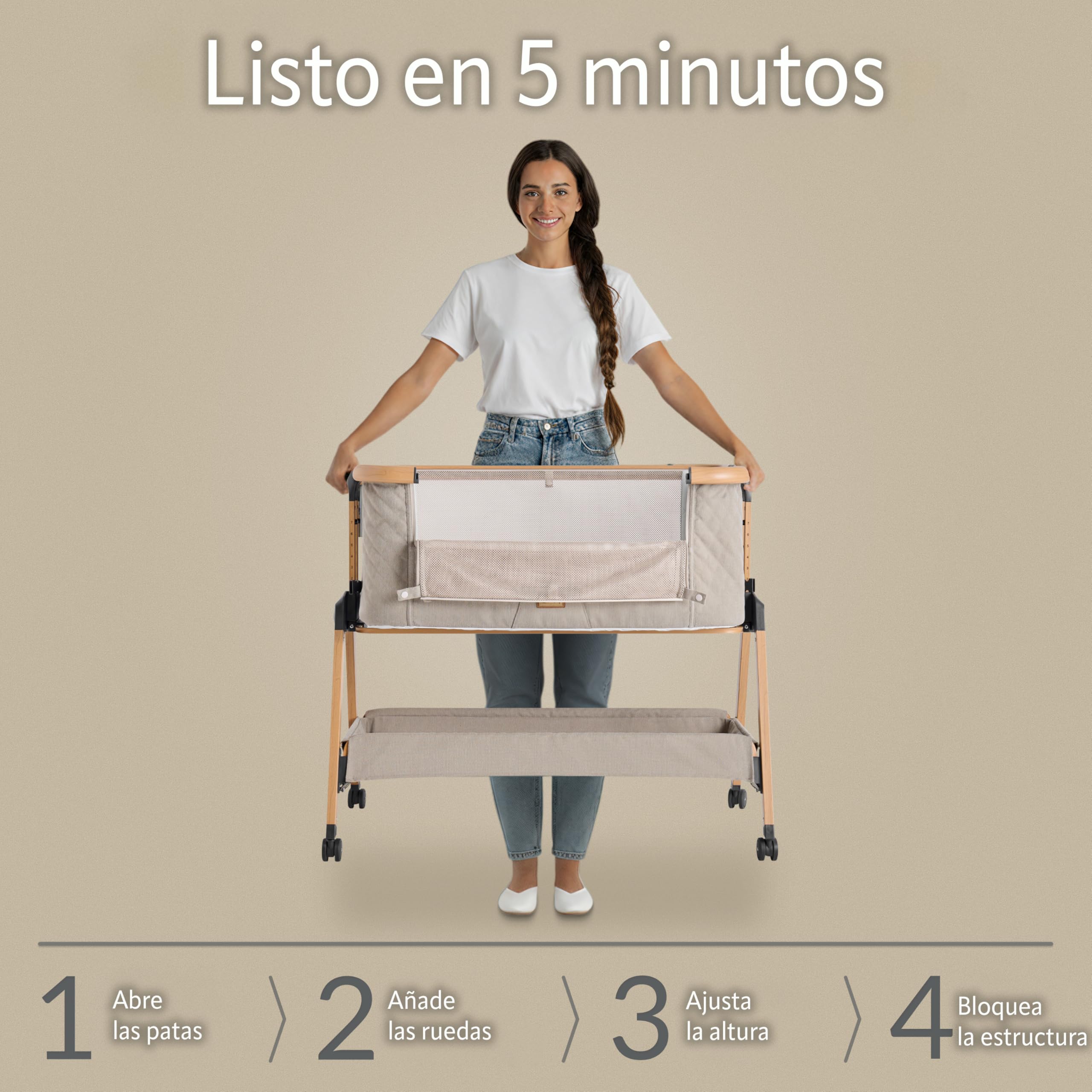 Love For Sleep SnooBee Next To Me Cuna Colecho & Cuna Independiente – 6 Niveles de Altura, Ruedas, colchón, Laterales de Malla Transpirable con mosquitera, Plegable con Bolsa (0–6 Meses) – Caqui/Pino