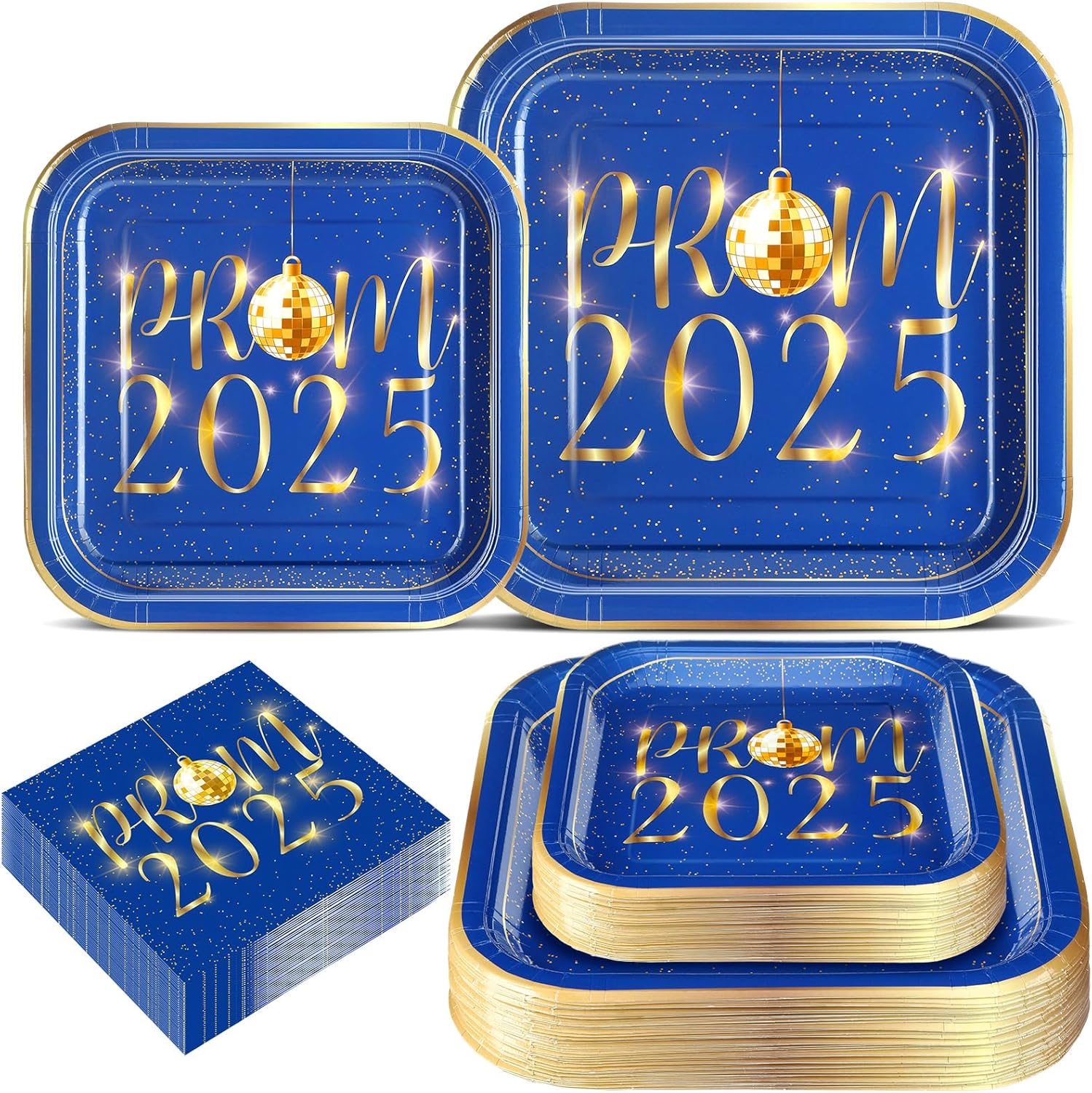 Maxcheck 200 Pcs 2025 Prom Graduation Party Supplies Plates and Napkins Paper Plates Dinnerware 50 Dinner Plates 50 Dessert Disposable Plates 100 Napkins(Blue and Gold)