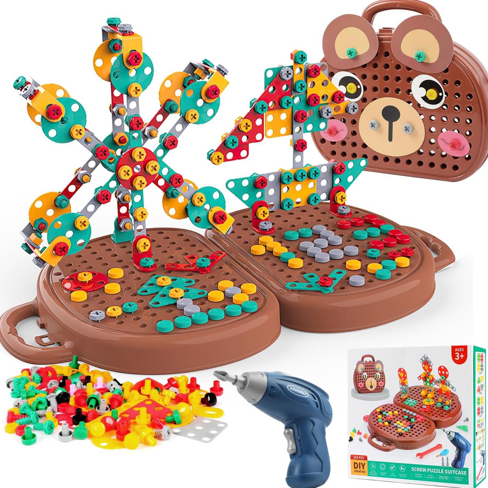 Kaxanpi Magic Montessori Play Toolbox, 204Pcs Creativity Tool Box with Drill Screwdriver Toy Set, Bear Creativity Tool Box for Kids