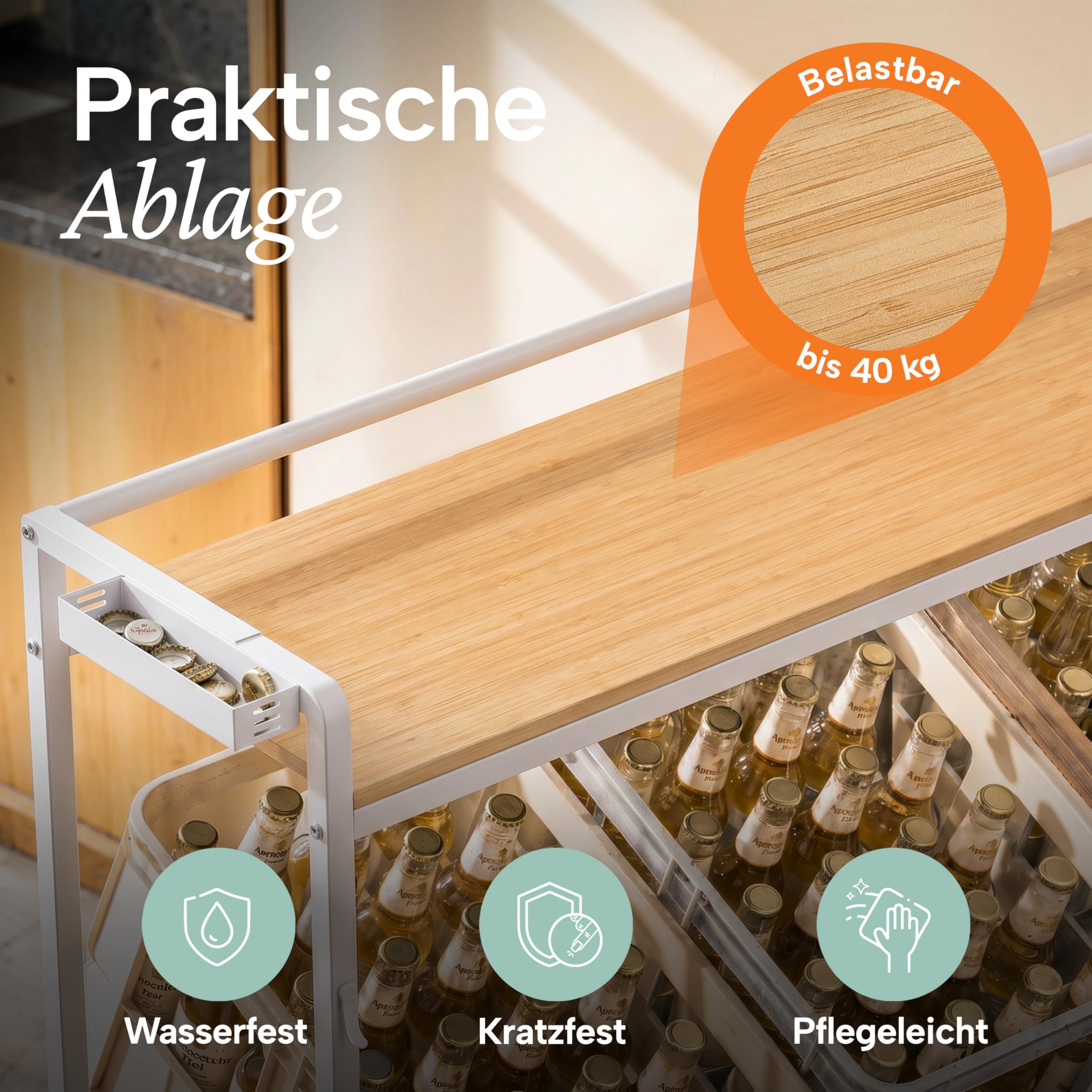 Blumtal Getränkekistenregal 6 Kisten mit Ablage Holzoptik - Kistenregal/Getränkeregal + integriertem Flaschenöffner & Haken - Getränkekistenhalter mit Belastbarkeit bis 150 kg pro Ebene in Weiß