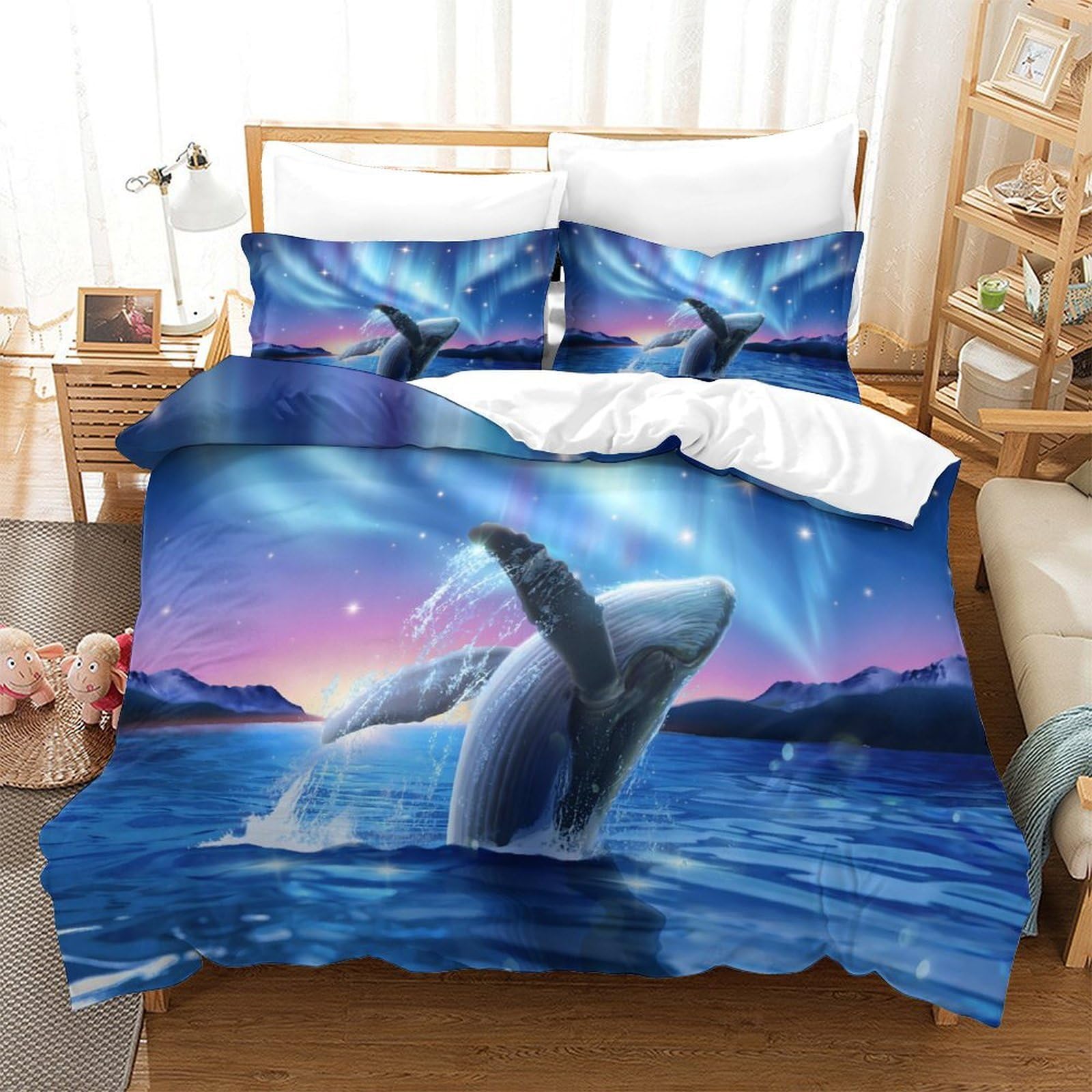 salto della balena Impressione 3D 3 pz cover piumone natura fantasia arte fodera per edredone microfibra zip antiacari per bambini ragazzi adulti King（220x240cm）
