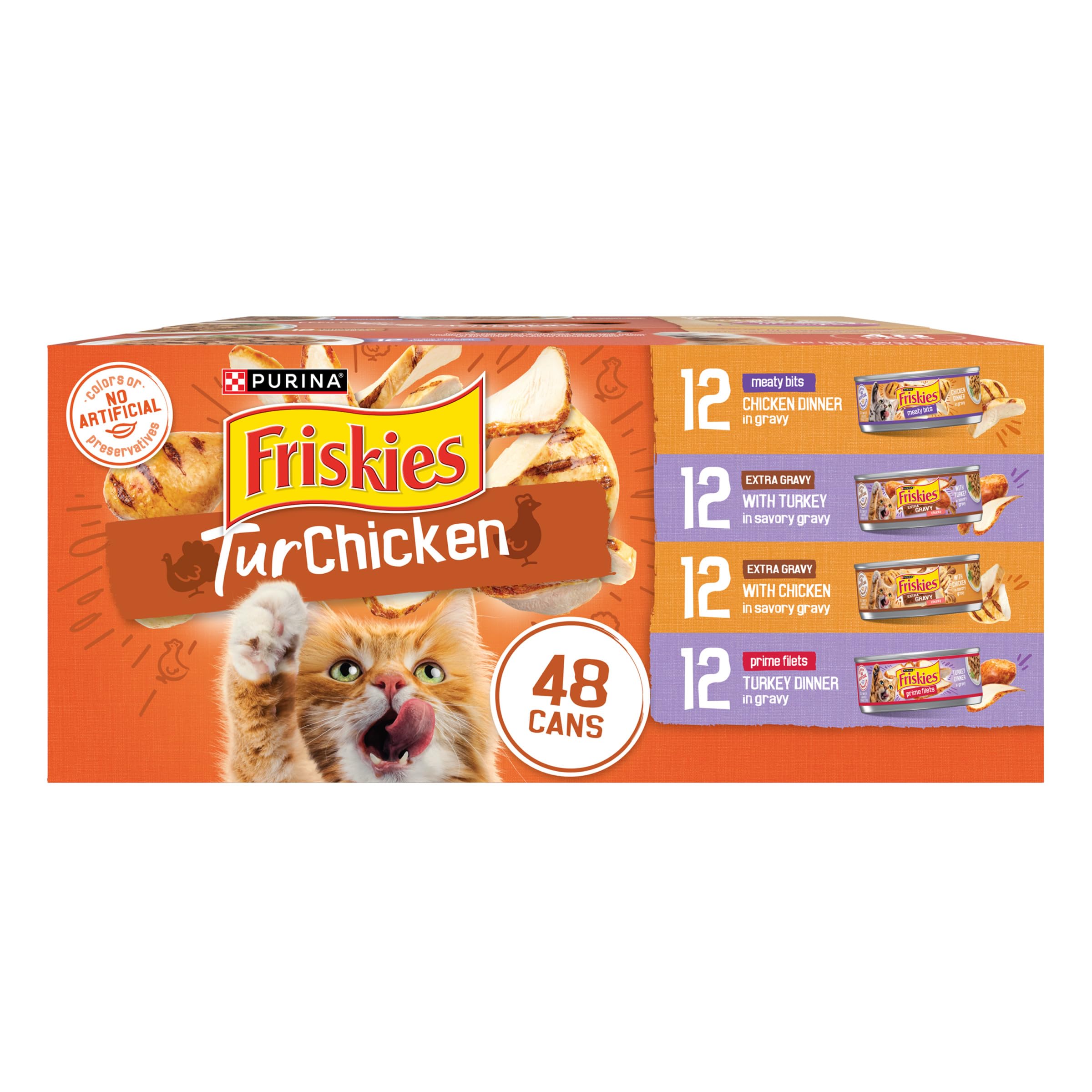 (Best by MAY/2027) Purina Friskies Wet Cat Food Gravy Variety Pack, TurChicken Extra Gravy Chunky, Meaty Bits and Prime Filets - 48 ct. Can