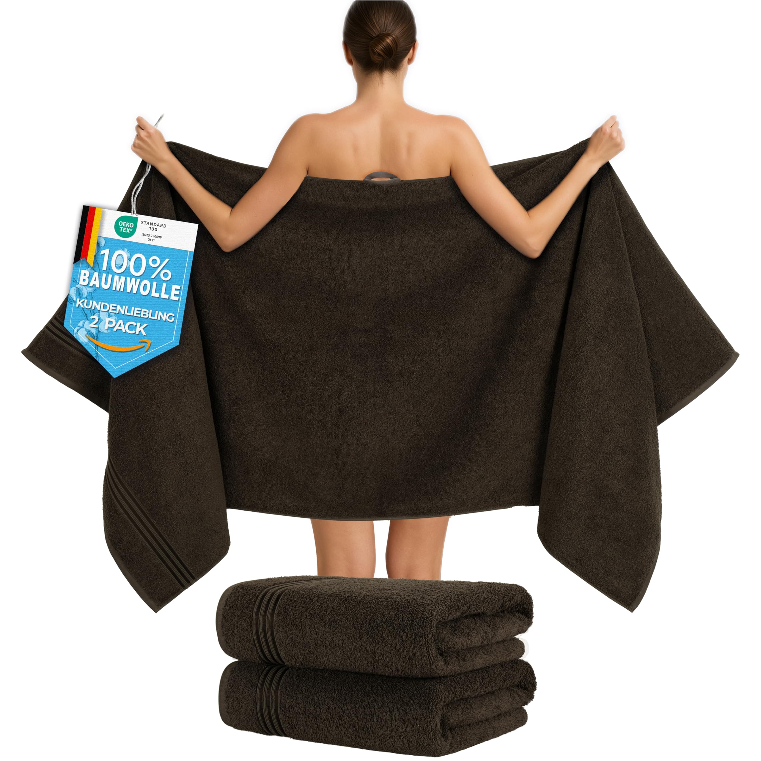 Hammetex Saunahandtücher 80x200 cm 2er Set – Extra Große Duschtücher – 100% Baumwolle Frottier – Oeko-TEX Zertifiziert – Weich, Saugstark – mit Aufhänger, Braun