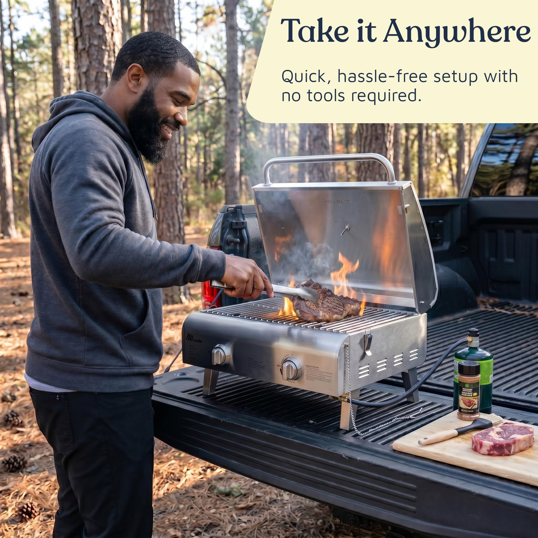 Parrilla portátil – Barbacoa de gas propano de acero inoxidable para camping y al aire libre – 2 quemadores – Potencia de 20.000 BTU – Patas plegables – Tapa a prueba de viento – Fácil de limpiar –