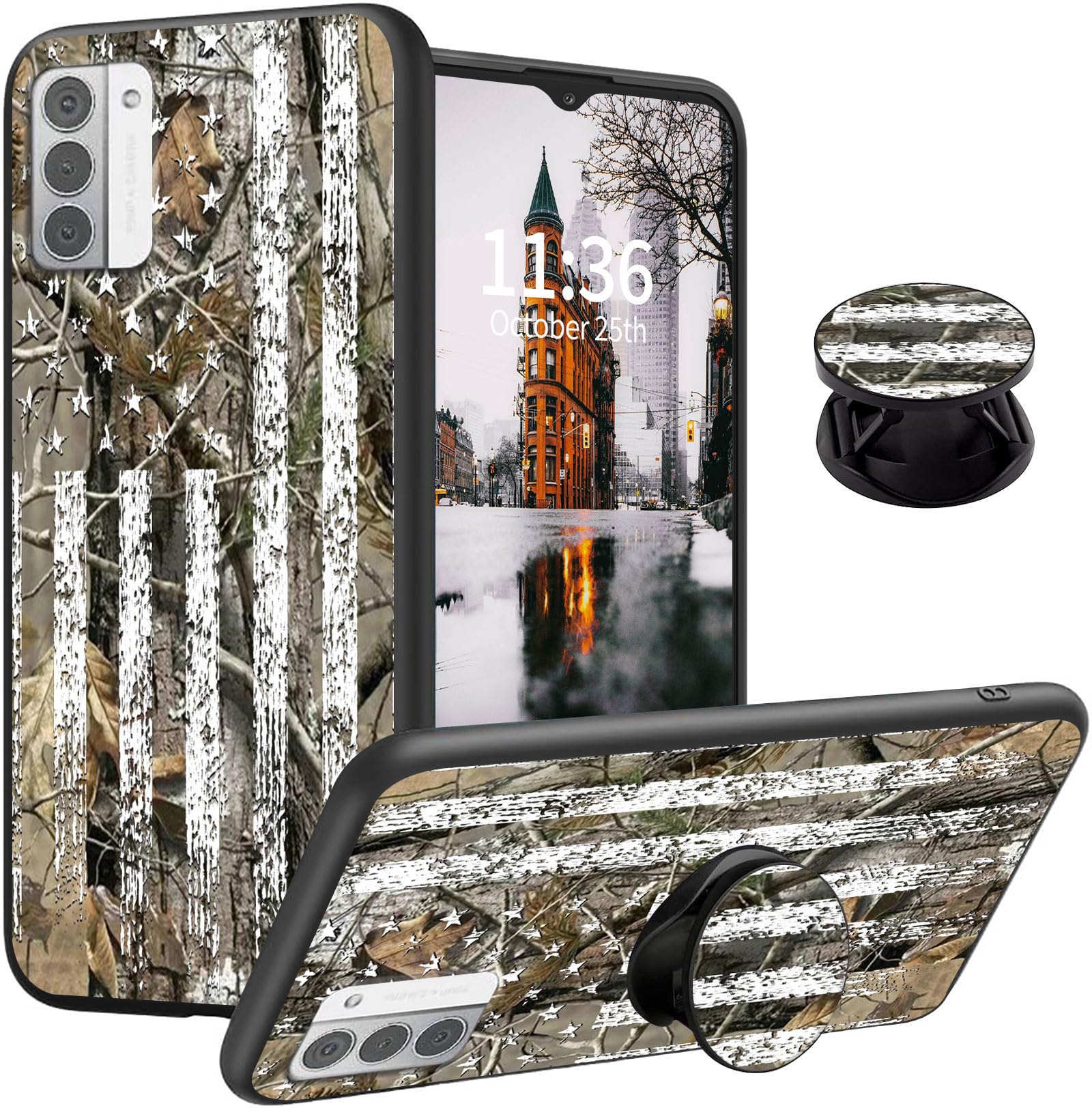 for Nokia G310 5G Case, Nokia G42 5G Case, with Finger Expanding Stand Holder, Soft TPU Silicone Phone Cover Shockproof Protective for Nokia G310 5G, Flag Camouflage