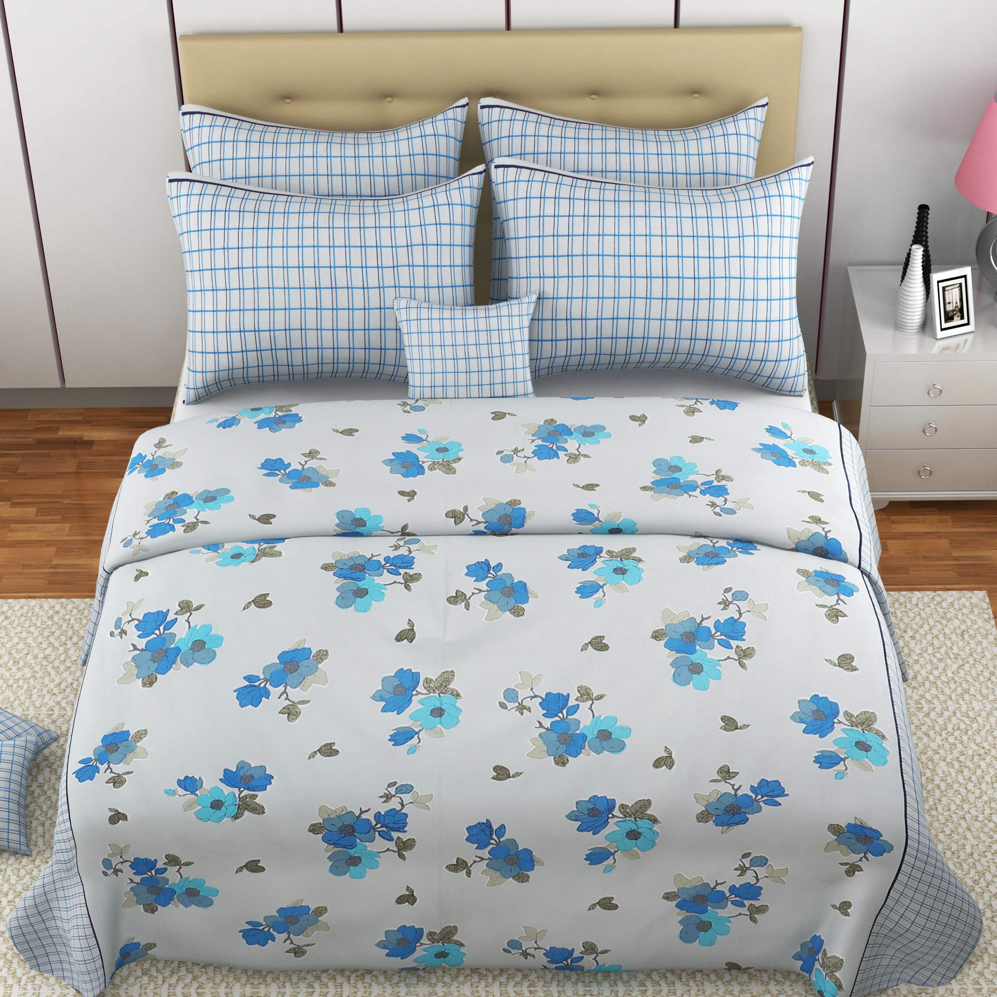 MAFATLALMAFATLAL California Cotton Hypo-Allergenic, Soft Finish, Wrinkle Free King Size Bedsheets for Double Bed with 2 Pillow Covers Set Combo (Blue)