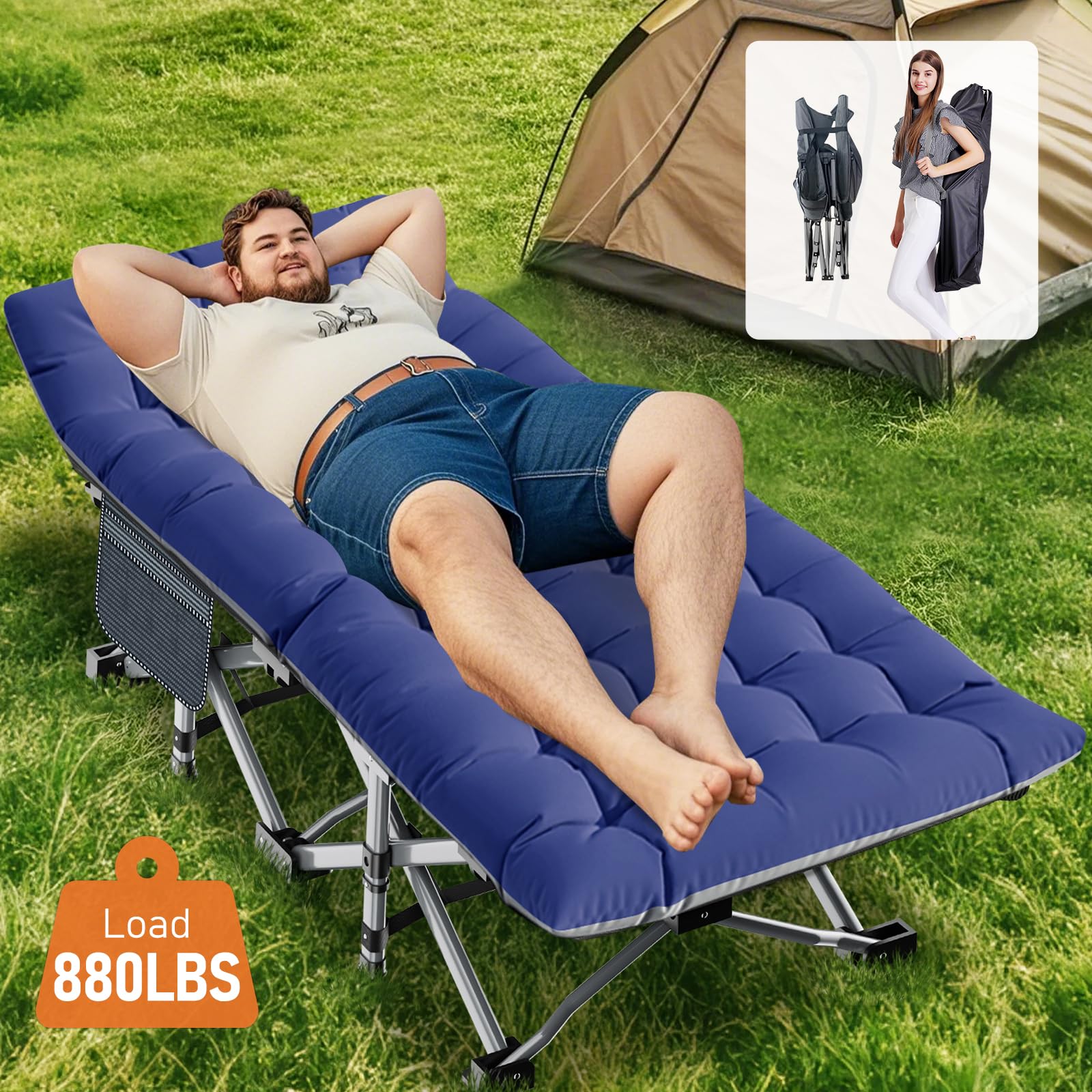 Klappbares Campingbett mit Matratze und Seitentaschen, 200KG Belastbarkeit Klappbett Gästebett, Stahlrahmen und Oxford Tuch Feldbett Klappbar, 190 x 71 x 36 cm, für Garten Büro Camping Pool