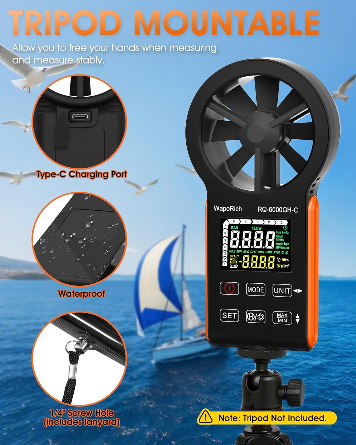 CFM Air Flow Meter Anemometer Handheld, WapoRich Wind Speed Checker HVAC Gauge Measuring 0~999900 CMS/CMM/CFM, Temp, Air Speed with MAX/MIN for Hunting Drone Outdoor - RQ-6000GH-C